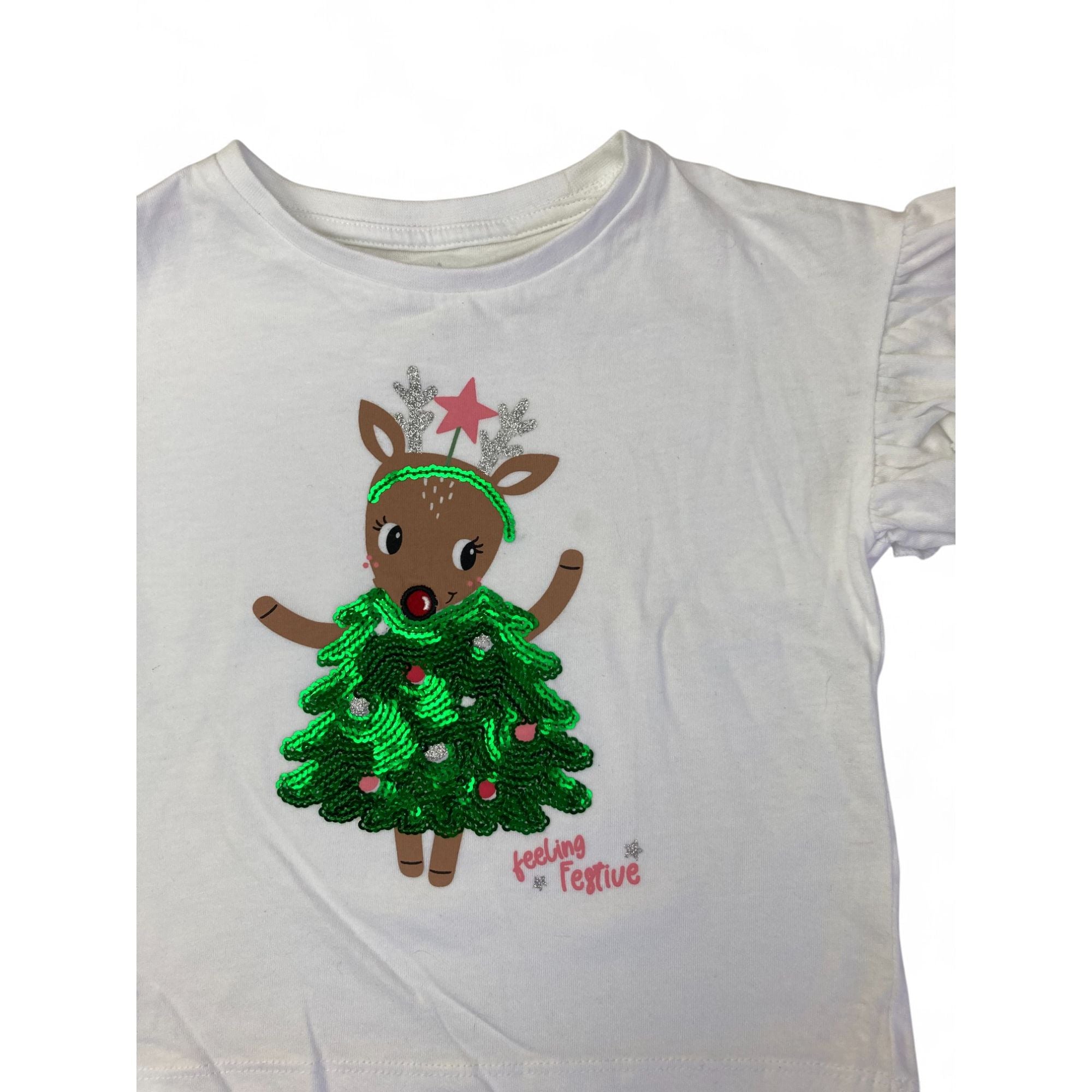 2Y White Flutter Sleeve Sequinned Reindeer Top - Woolworths