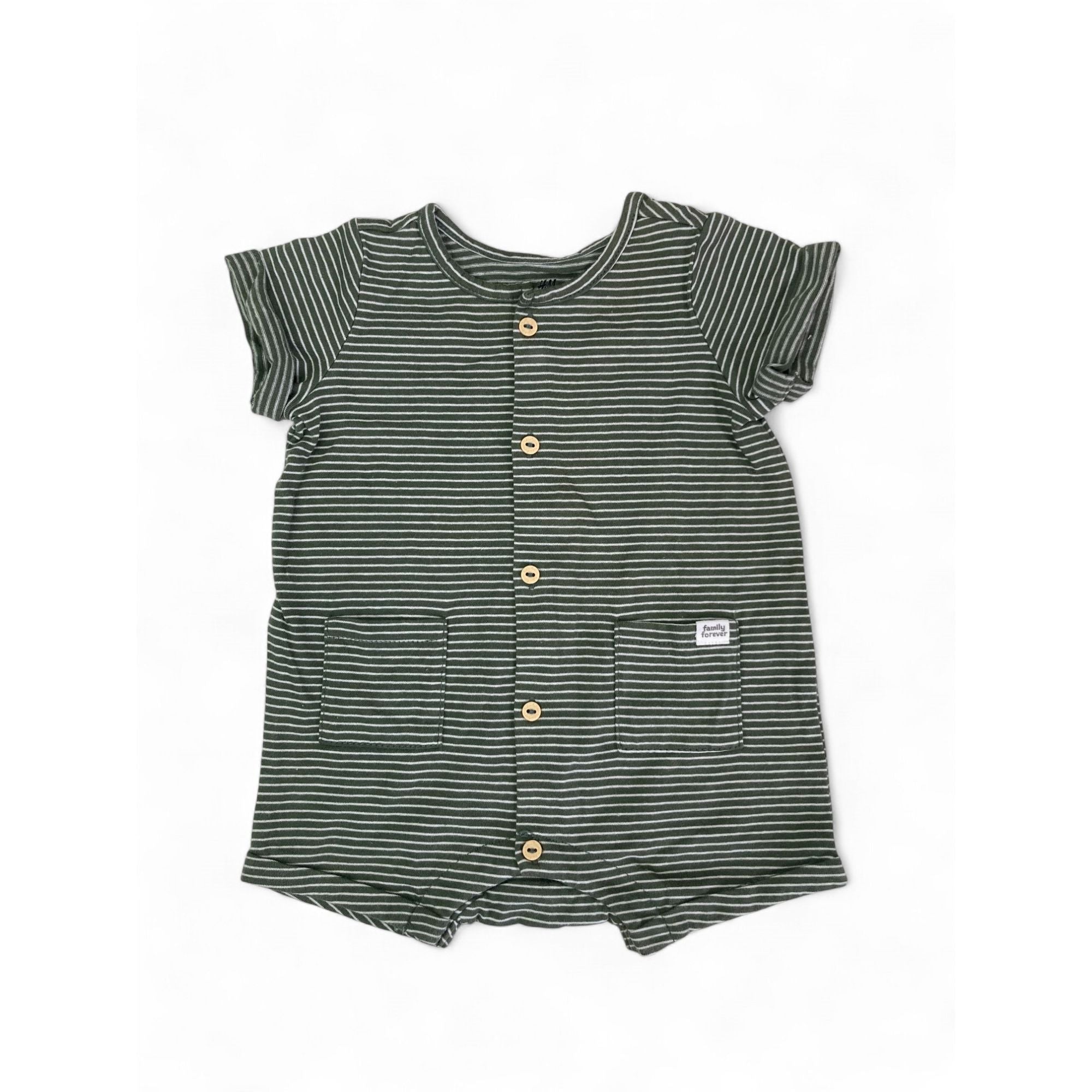 UK 1-2M Green & White Stripe Button Romper - H&M