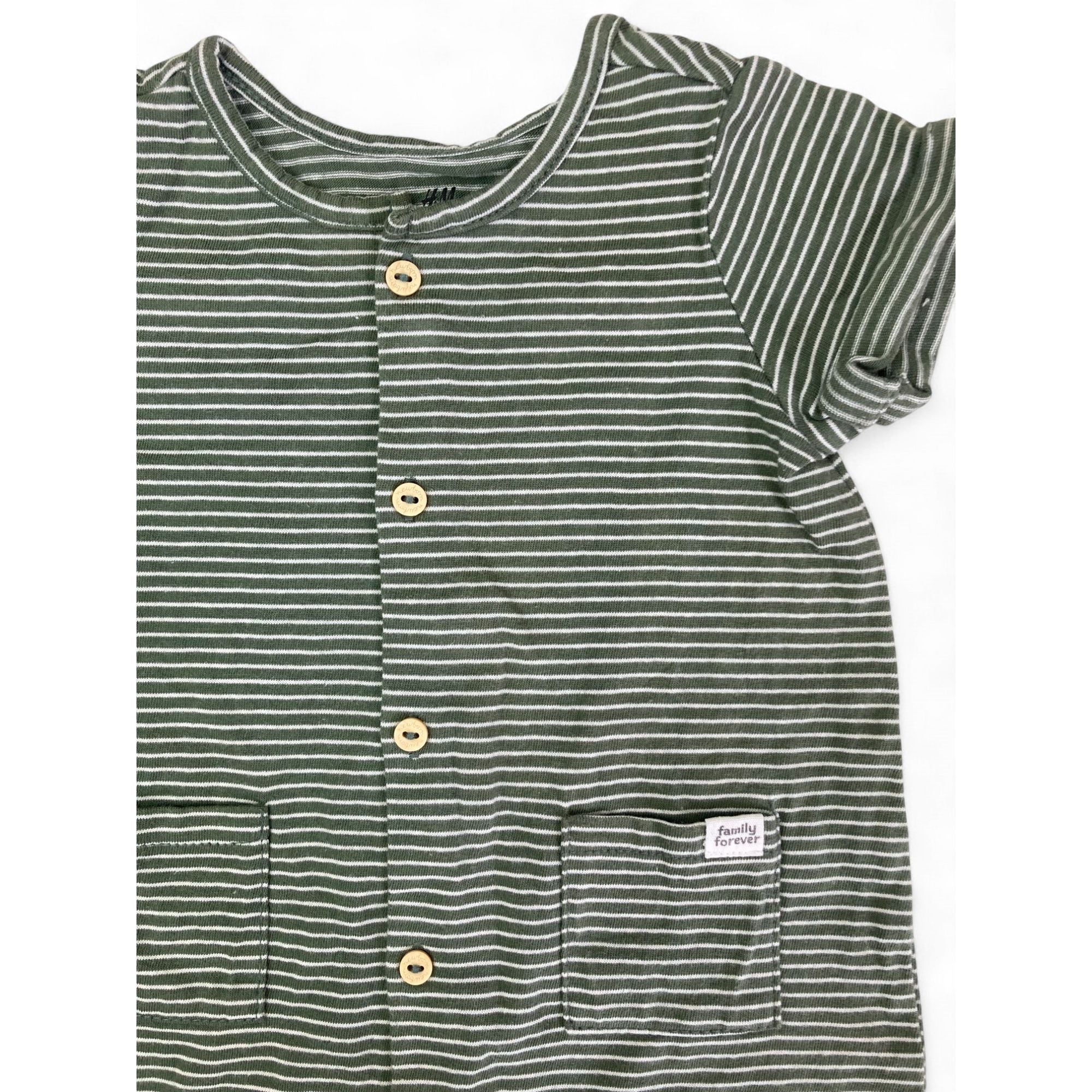 UK 1-2M Green & White Stripe Button Romper - H&M