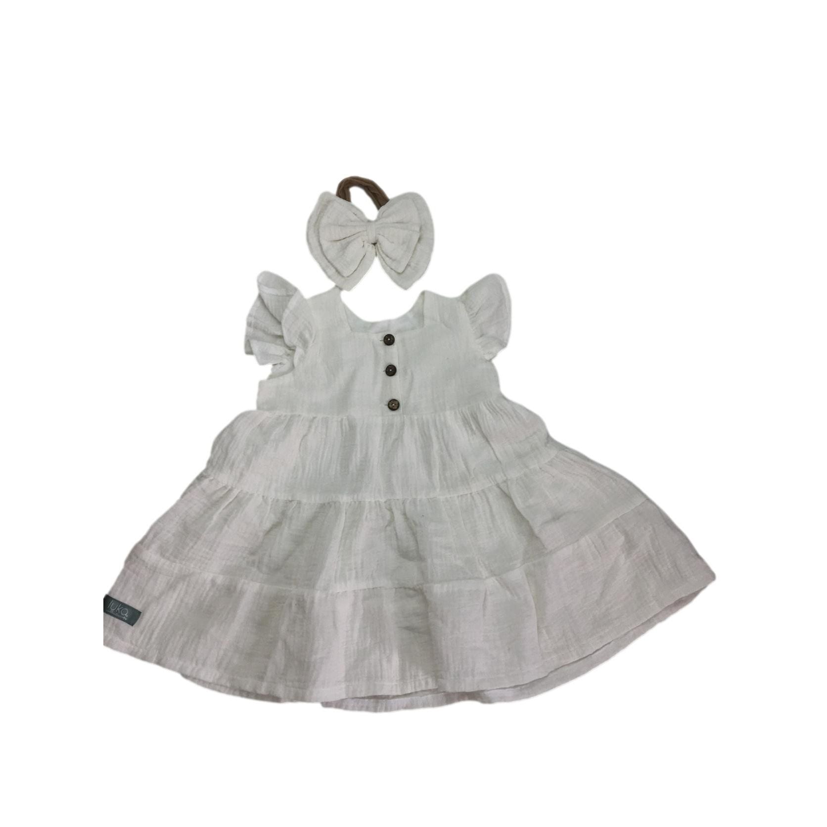 6M White Cotton Gauze Tiered Dress & Bow Headband set - Luka Collections