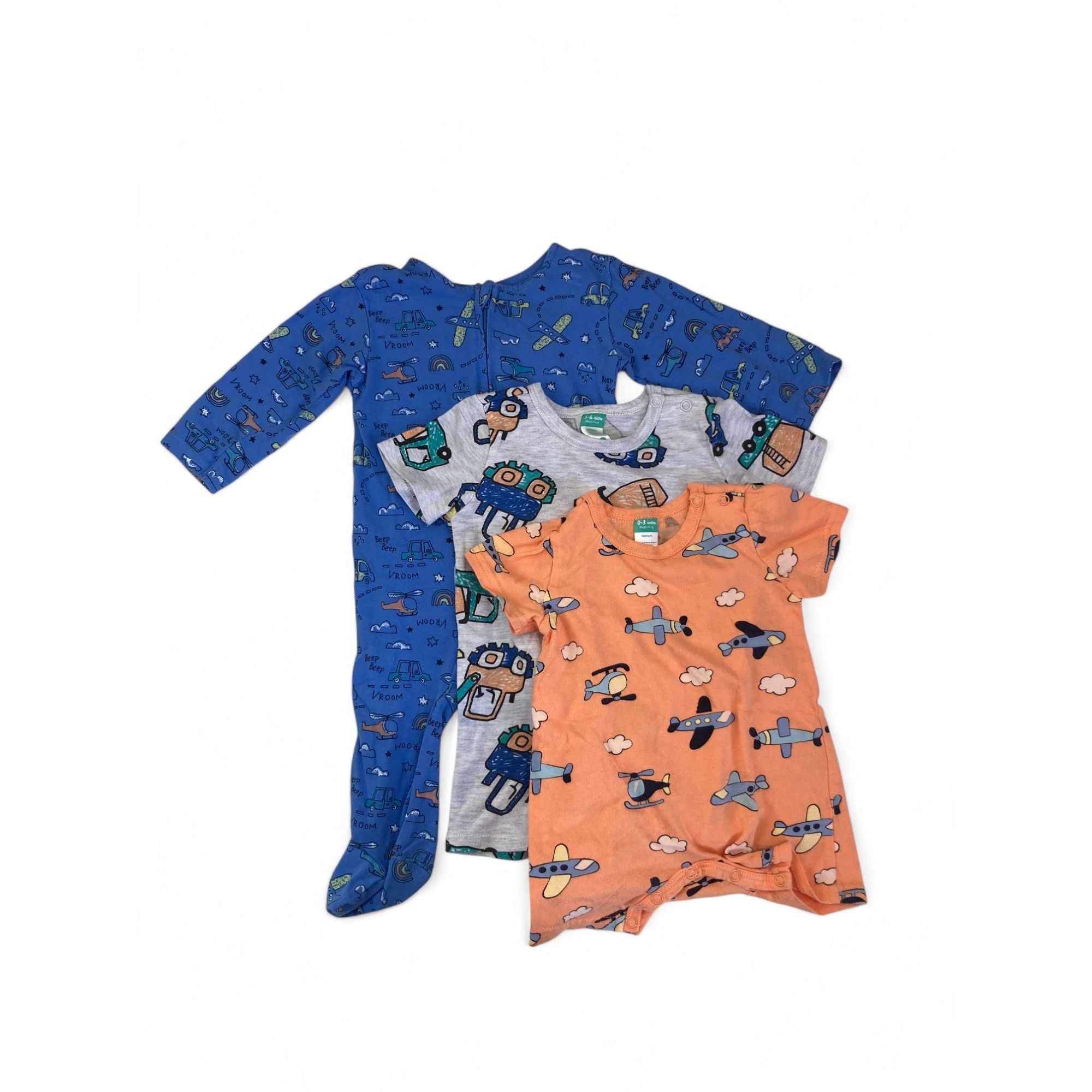 0-6M Blue, Coral & Grey Transport Zip Onesie & Rompers - Ackermans
