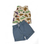 0-3M Beige Jungle Sleeveless Tank Top & Blue Shorts - Cuddlesome