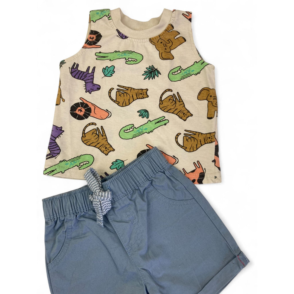 0-3M Beige Jungle Sleeveless Tank Top & Blue Shorts - Cuddlesome
