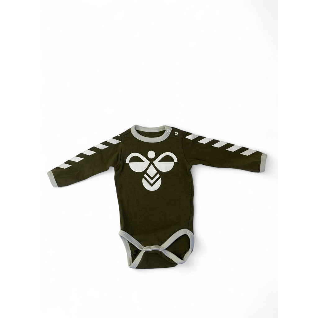 0-1M Olive Green & White Logo Long Sleeve Bodysuit - Hummel