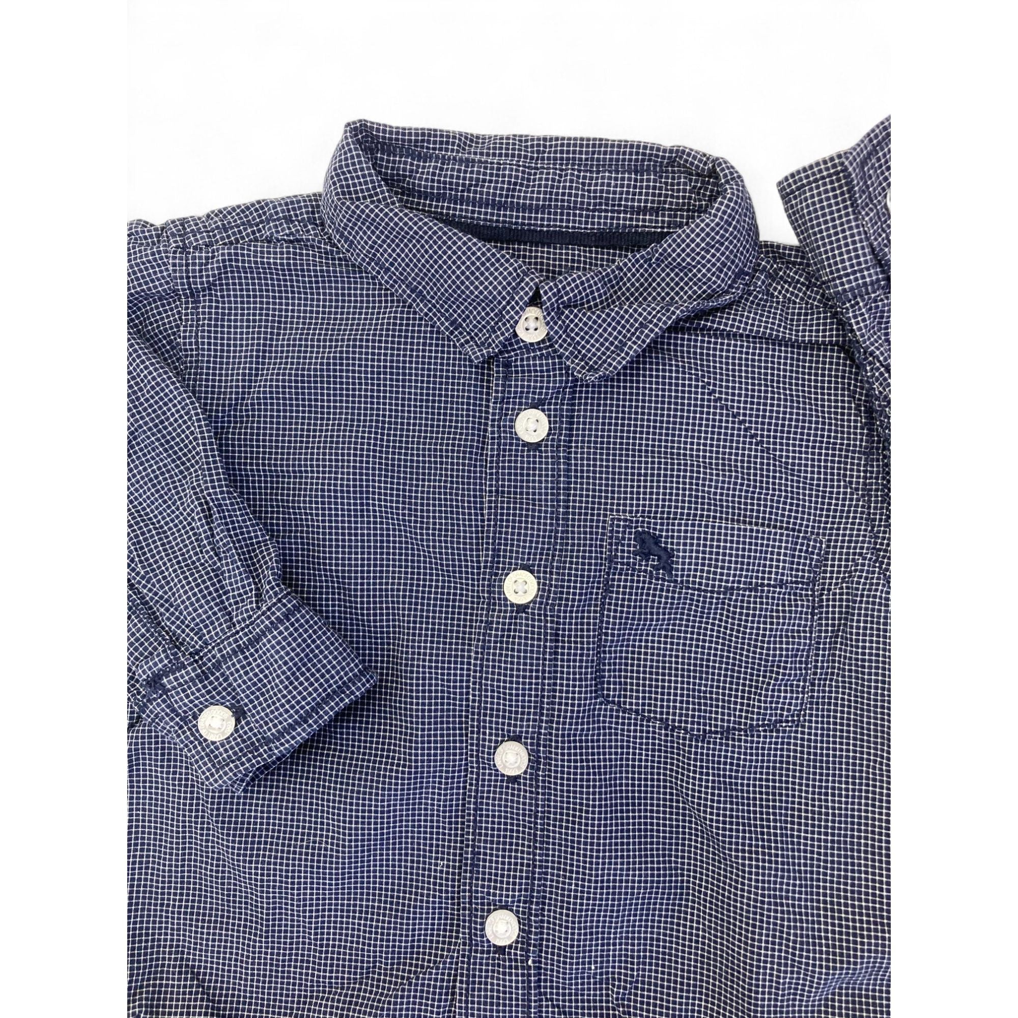 US 2-4M Navy Blue & White Grid Line Button Shirt - H&M