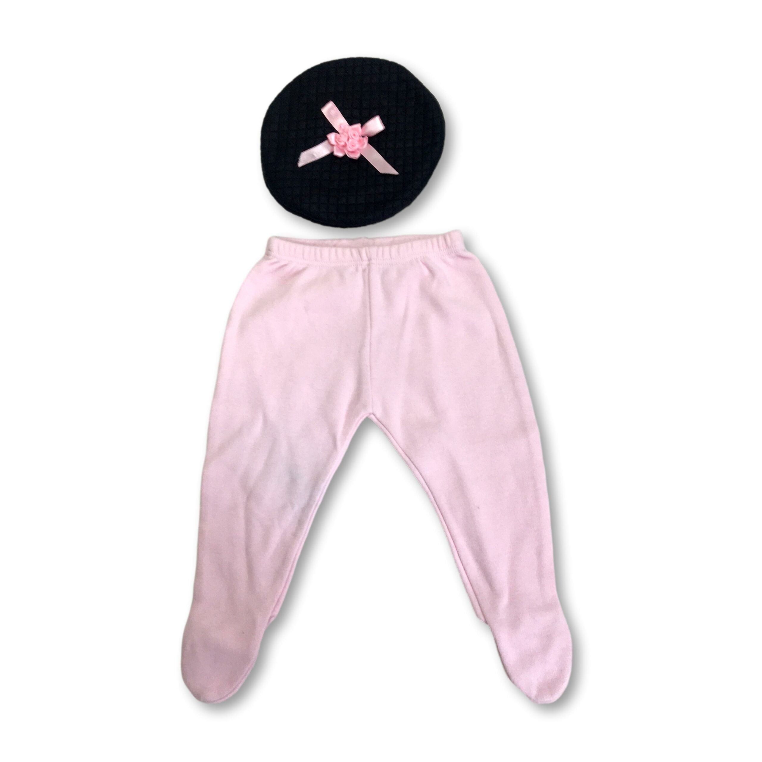 Newborn Pink Footed Leggings & Black Pleather Beret set
