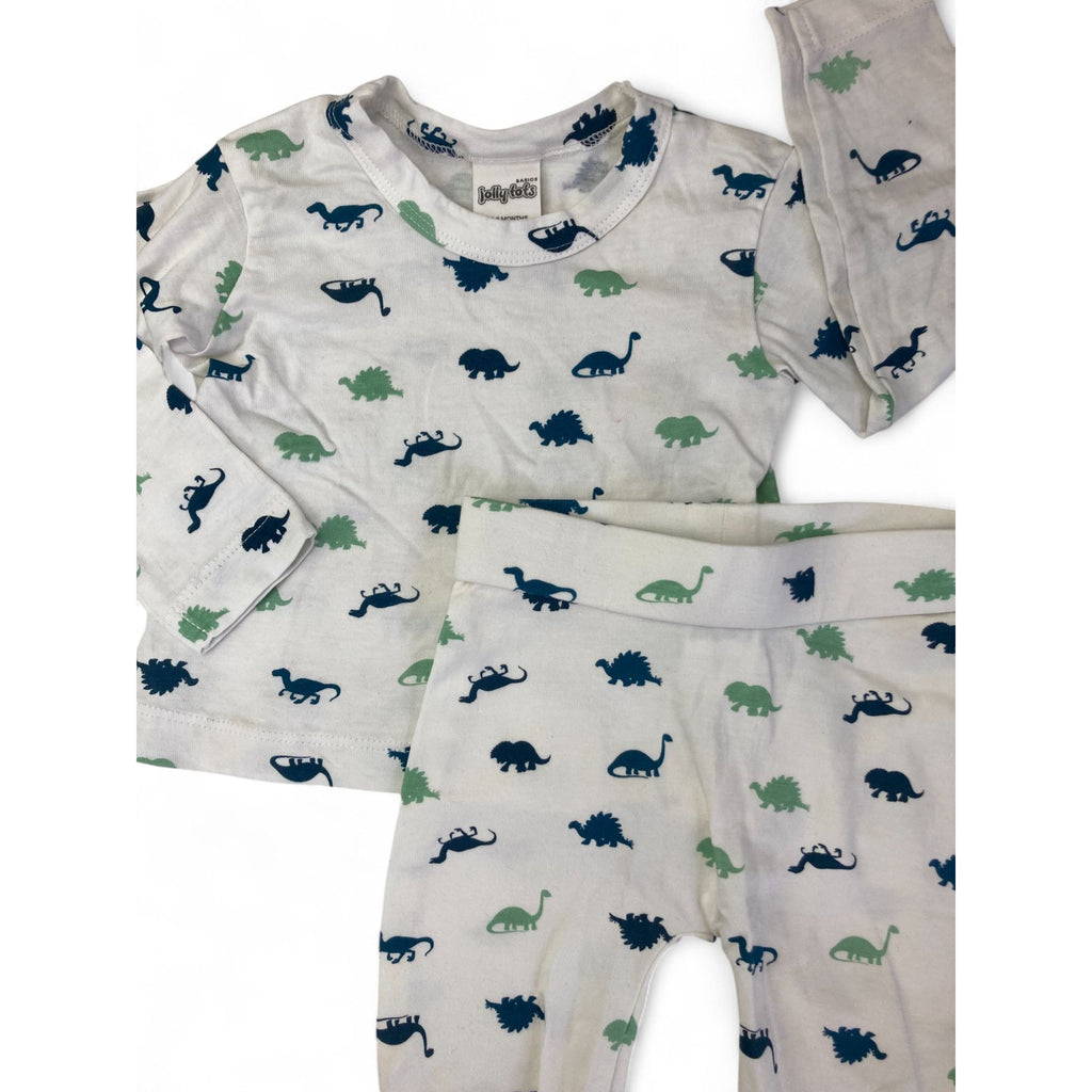 0-3M White & Blue-Green Dinosaur Sleep Set - Jolly Tots