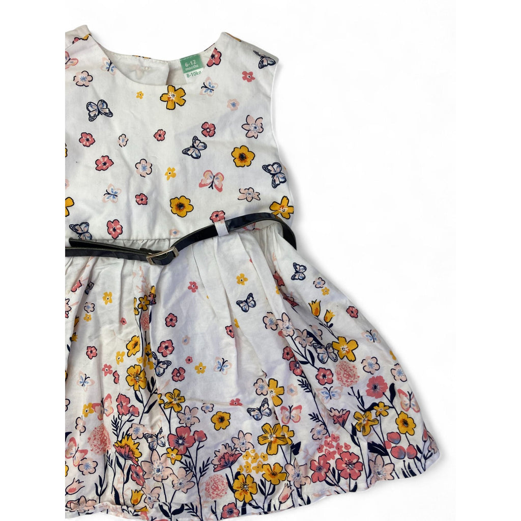 6-12M White Floral Belted Dress - Ackermans