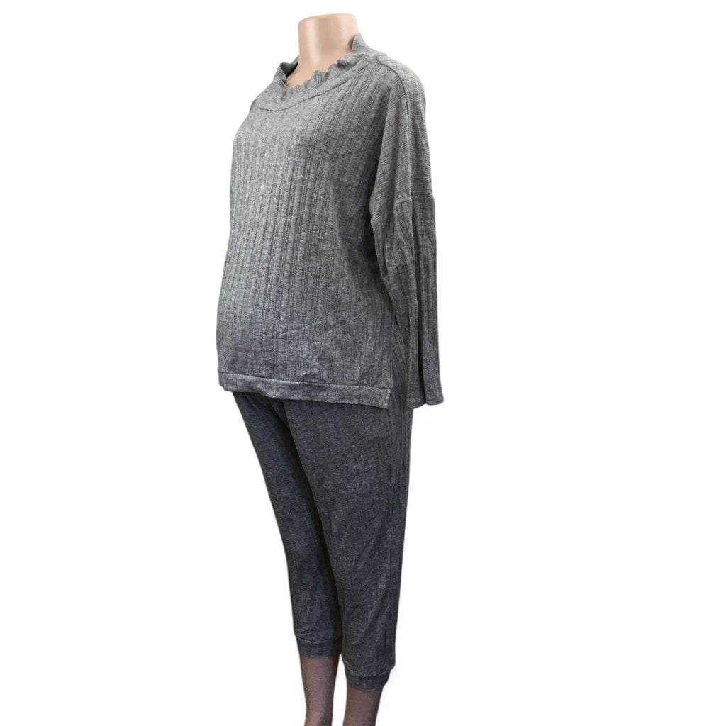 Large - Grey Soft Knit Ribbed Maternity Sweater & Jogger Set - Aneenhenze