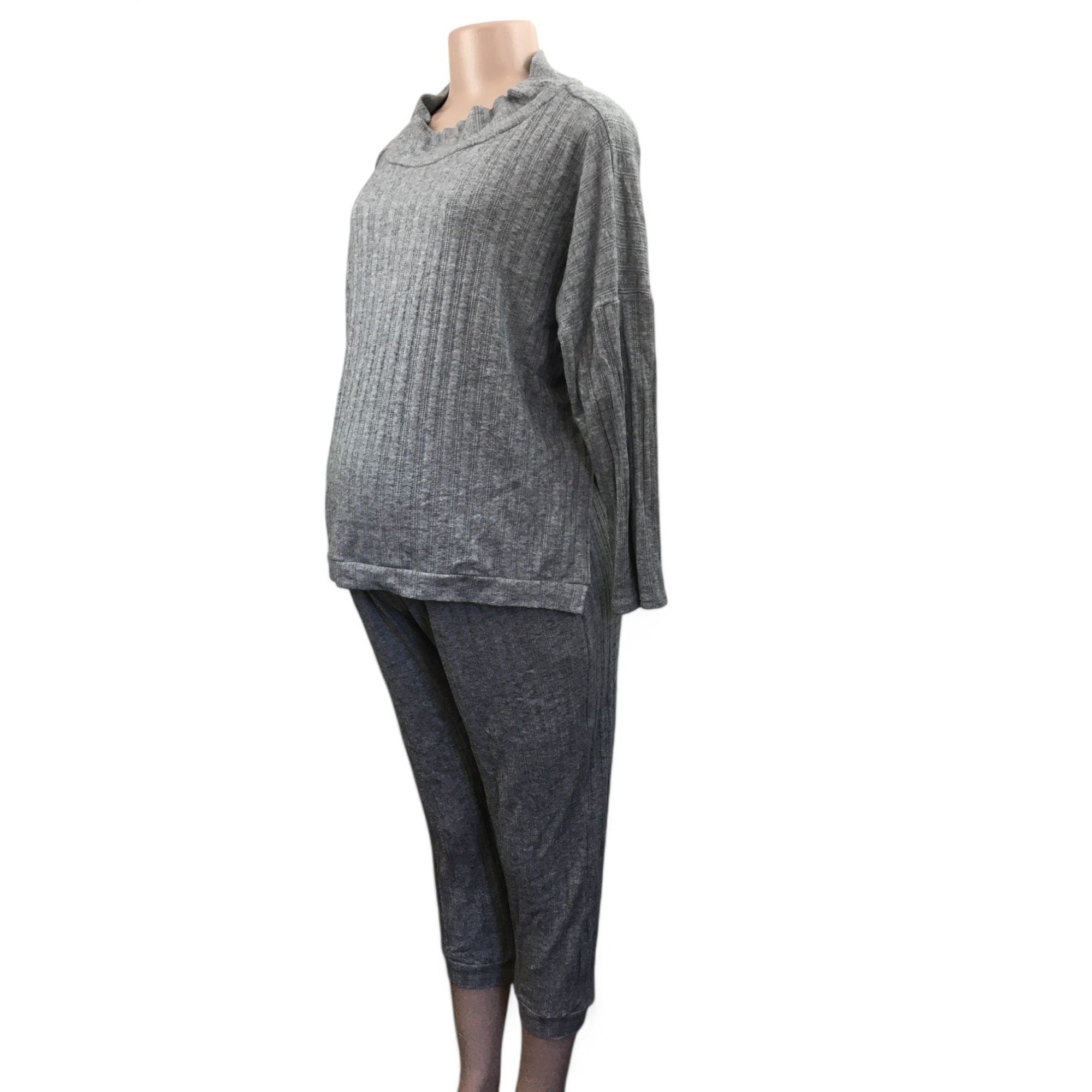Large - Grey Soft Knit Ribbed Maternity Sweater & Jogger Set - Aneenhenze