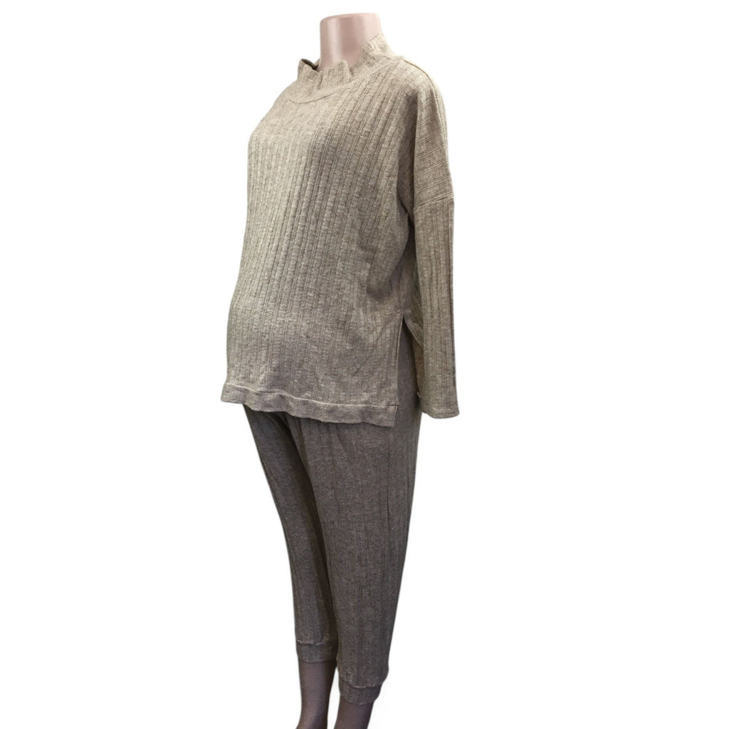 Large - Beige Soft Knit Ribbed Maternity Sweater & Jogger Set - Aneenhenze