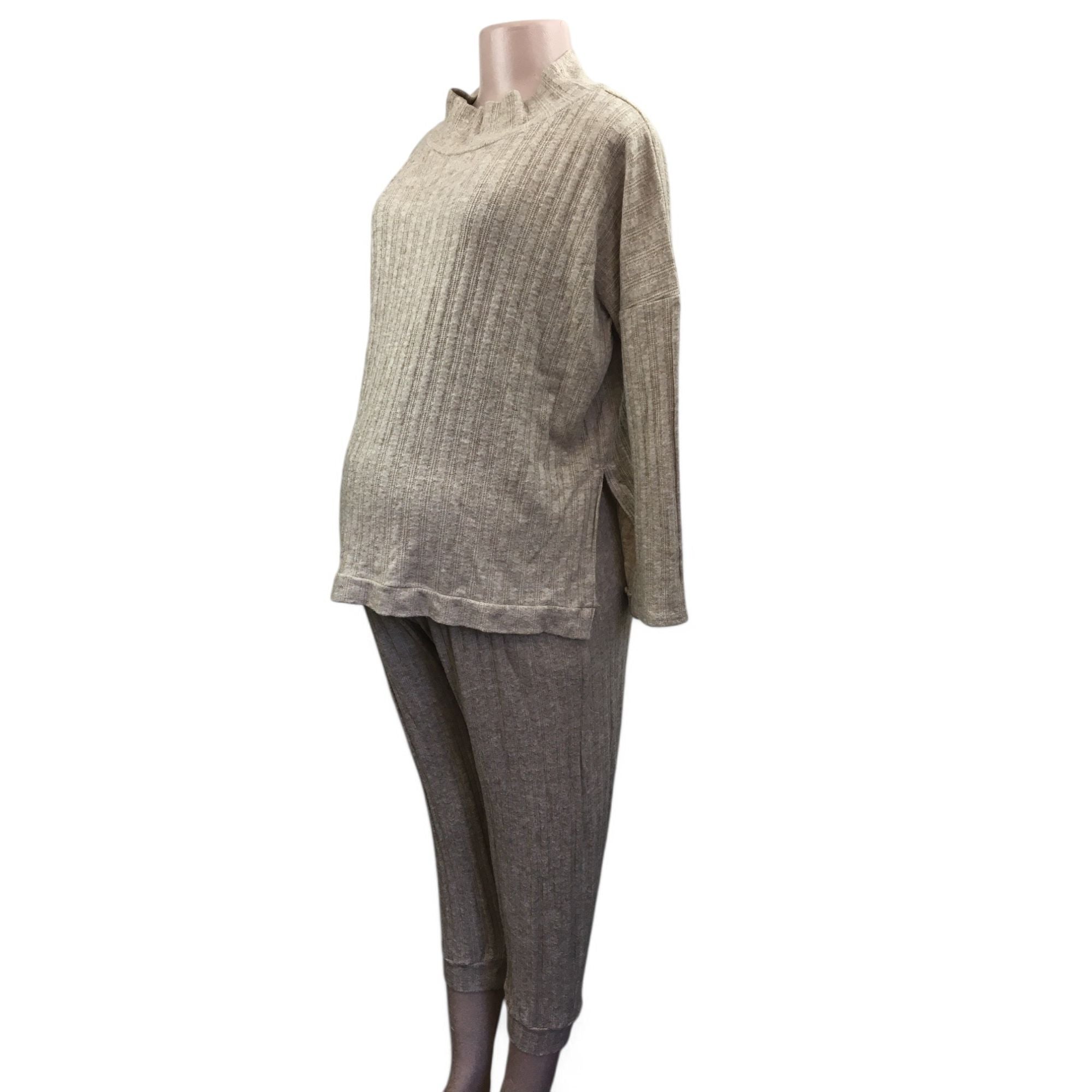 Large - Beige Soft Knit Ribbed Maternity Sweater & Jogger Set - Aneenhenze