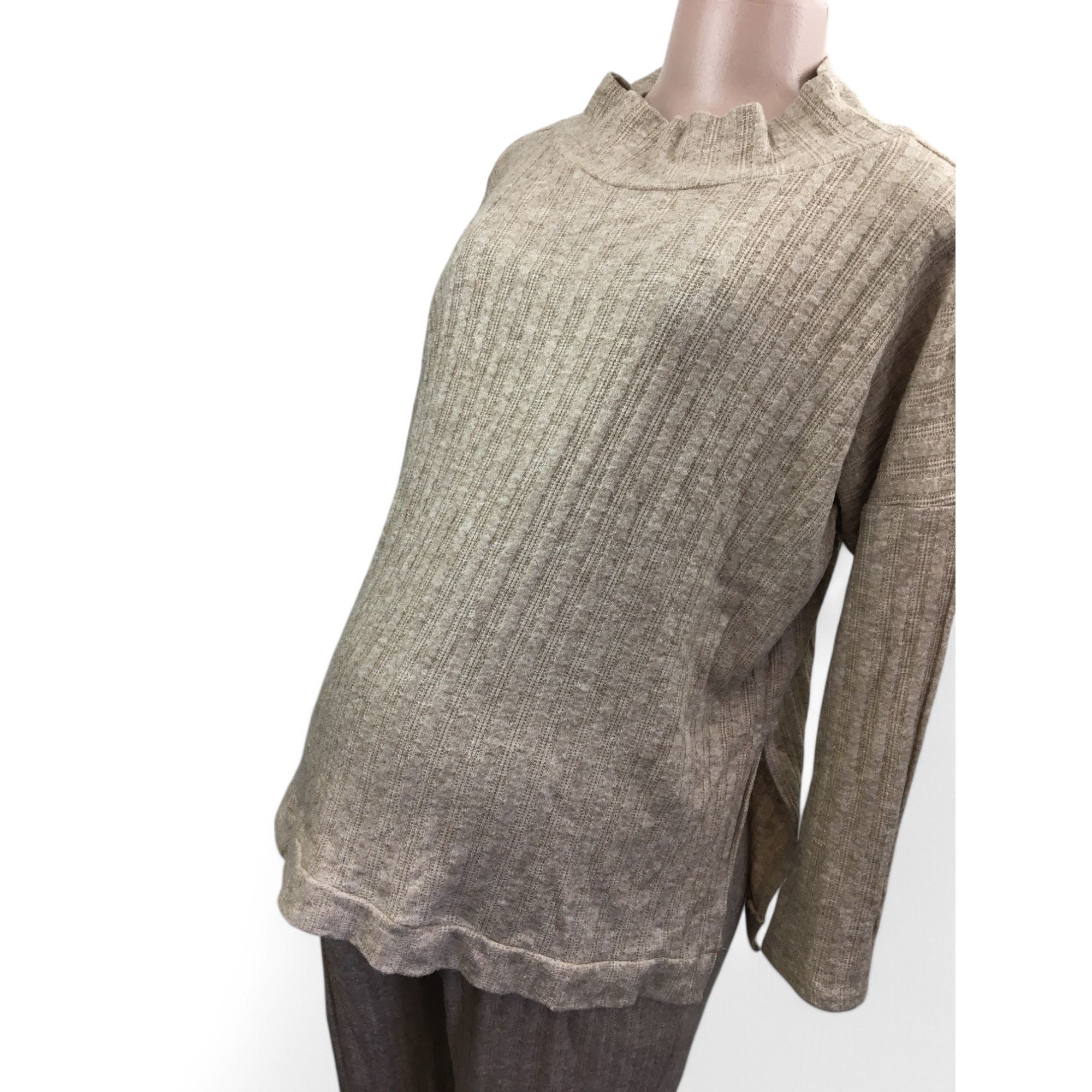 Large - Beige Soft Knit Ribbed Maternity Sweater & Jogger Set - Aneenhenze
