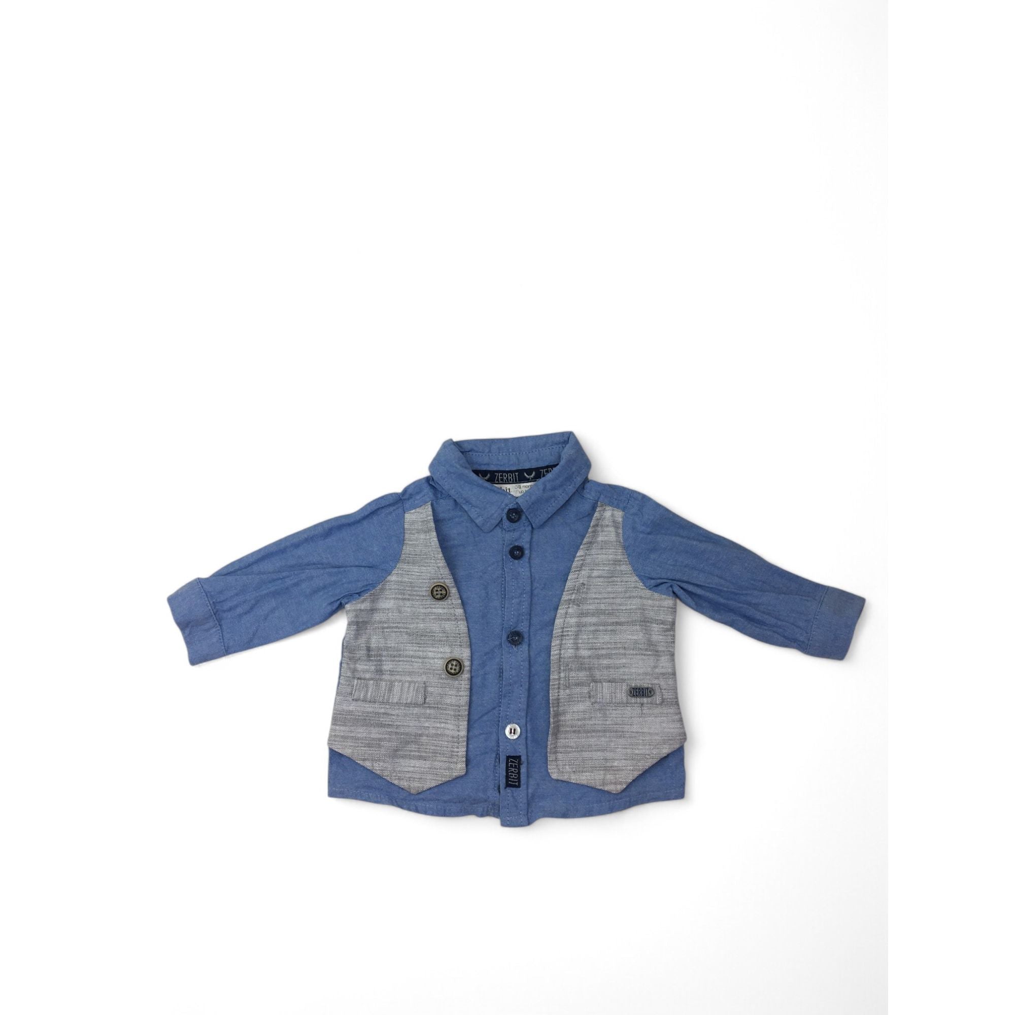 0-3M Blue & Grey Mock Waistcoat Shirt - Zerbit