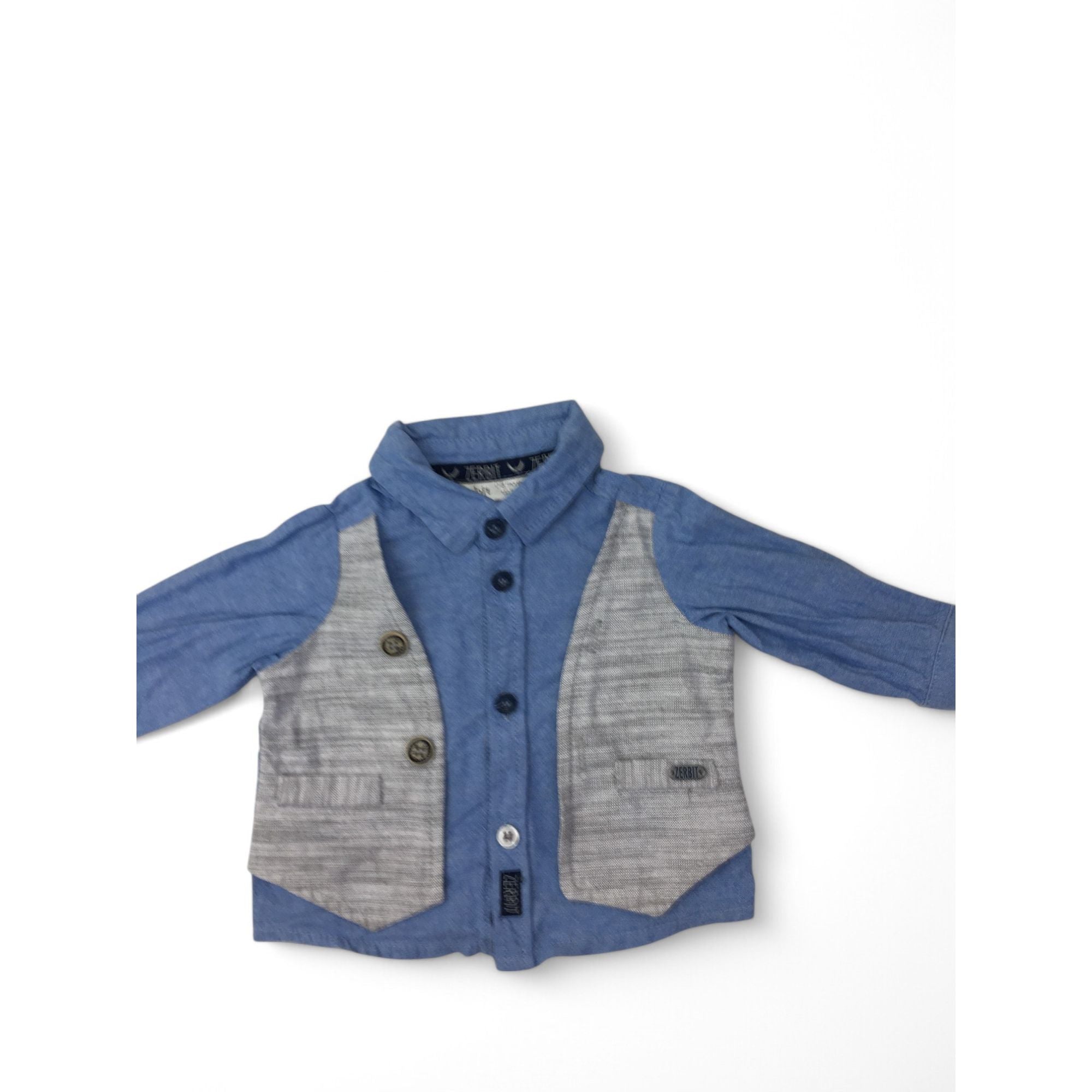 0-3M Blue & Grey Mock Waistcoat Shirt - Zerbit