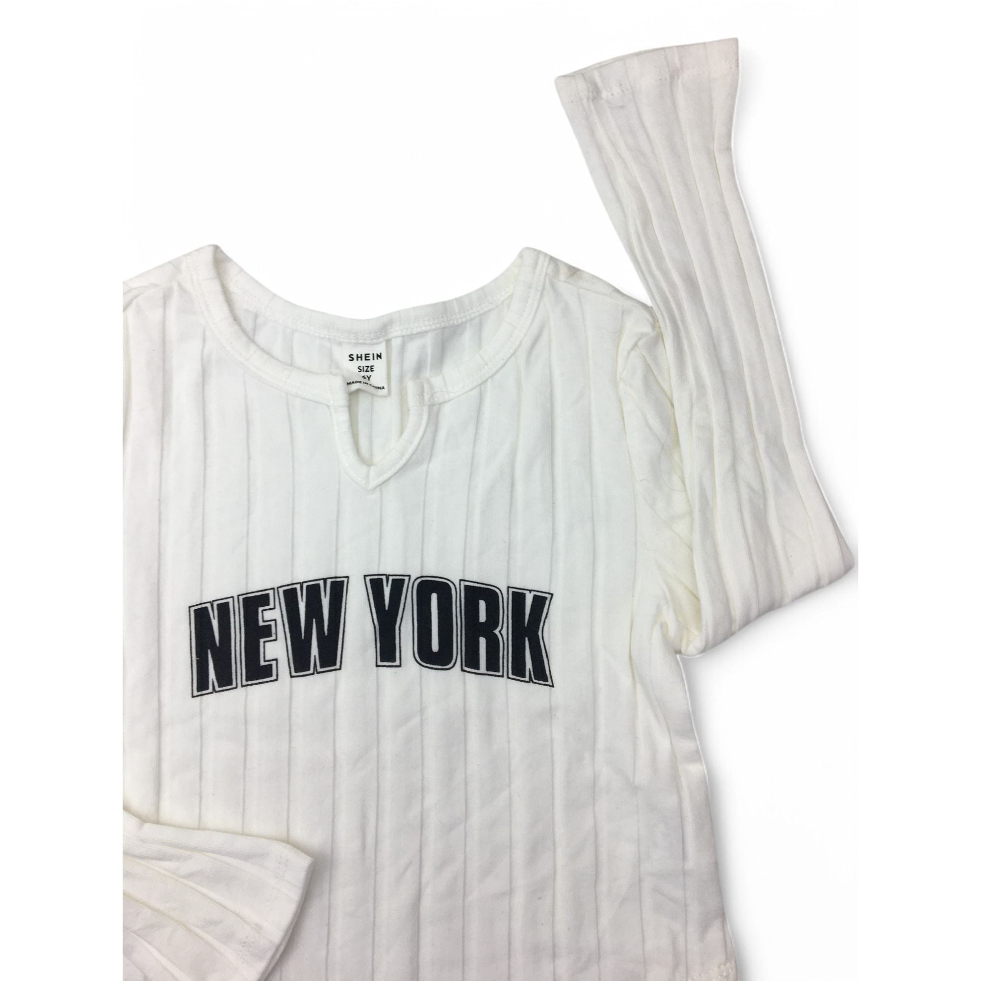 6Y White Ribbed Long Sleeve "New York" Top - Shein