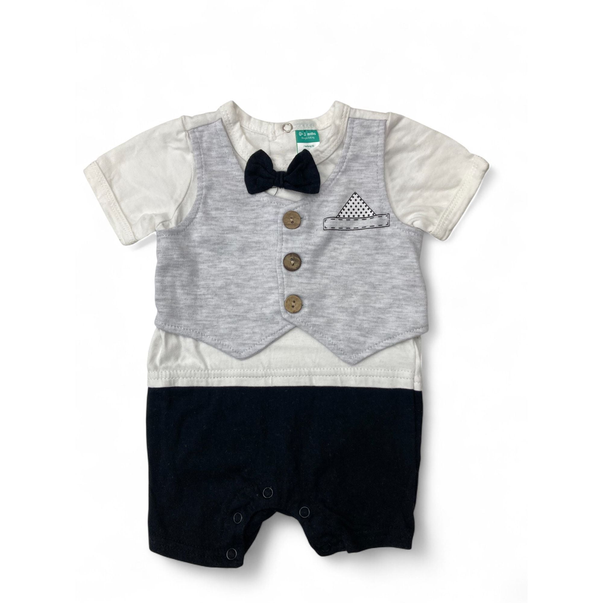 0-3M Grey & Black Bowtie & Waistcoat Romper - Ackermans