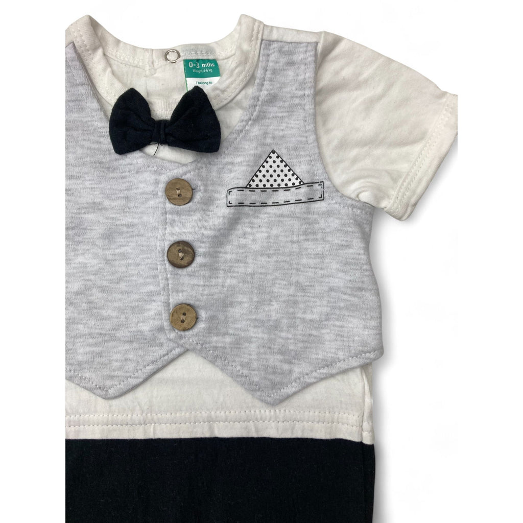 0-3M Grey & Black Bowtie & Waistcoat Romper - Ackermans