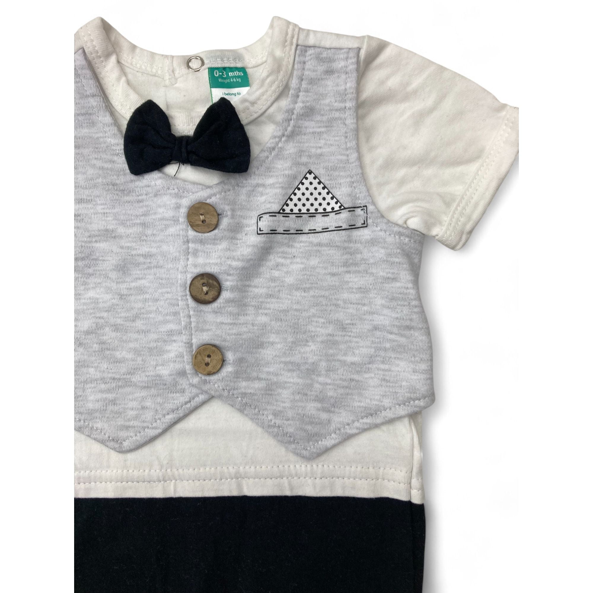 0-3M Grey & Black Bowtie & Waistcoat Romper - Ackermans