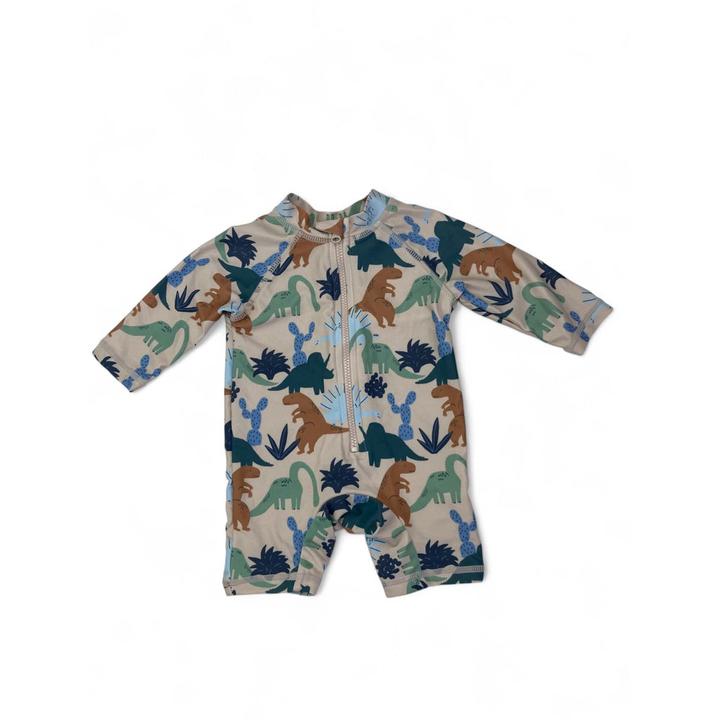 0-3M Beige Dinosaur Zip Swimsuit - Cotton On