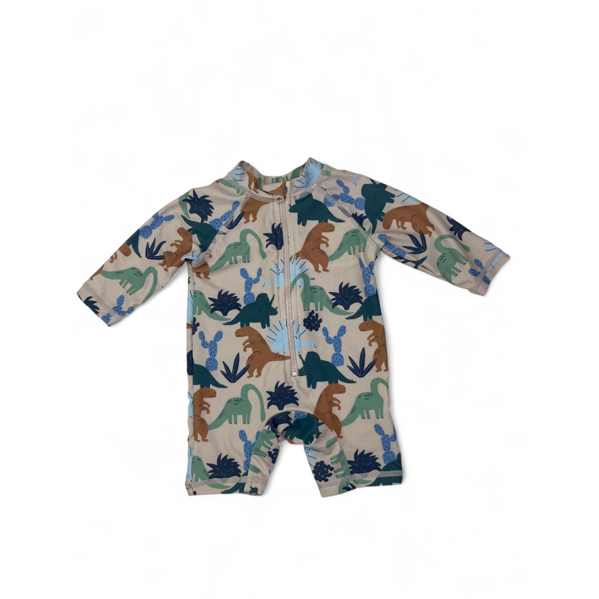 0-3M Beige Dinosaur Zip Swimsuit - Cotton On
