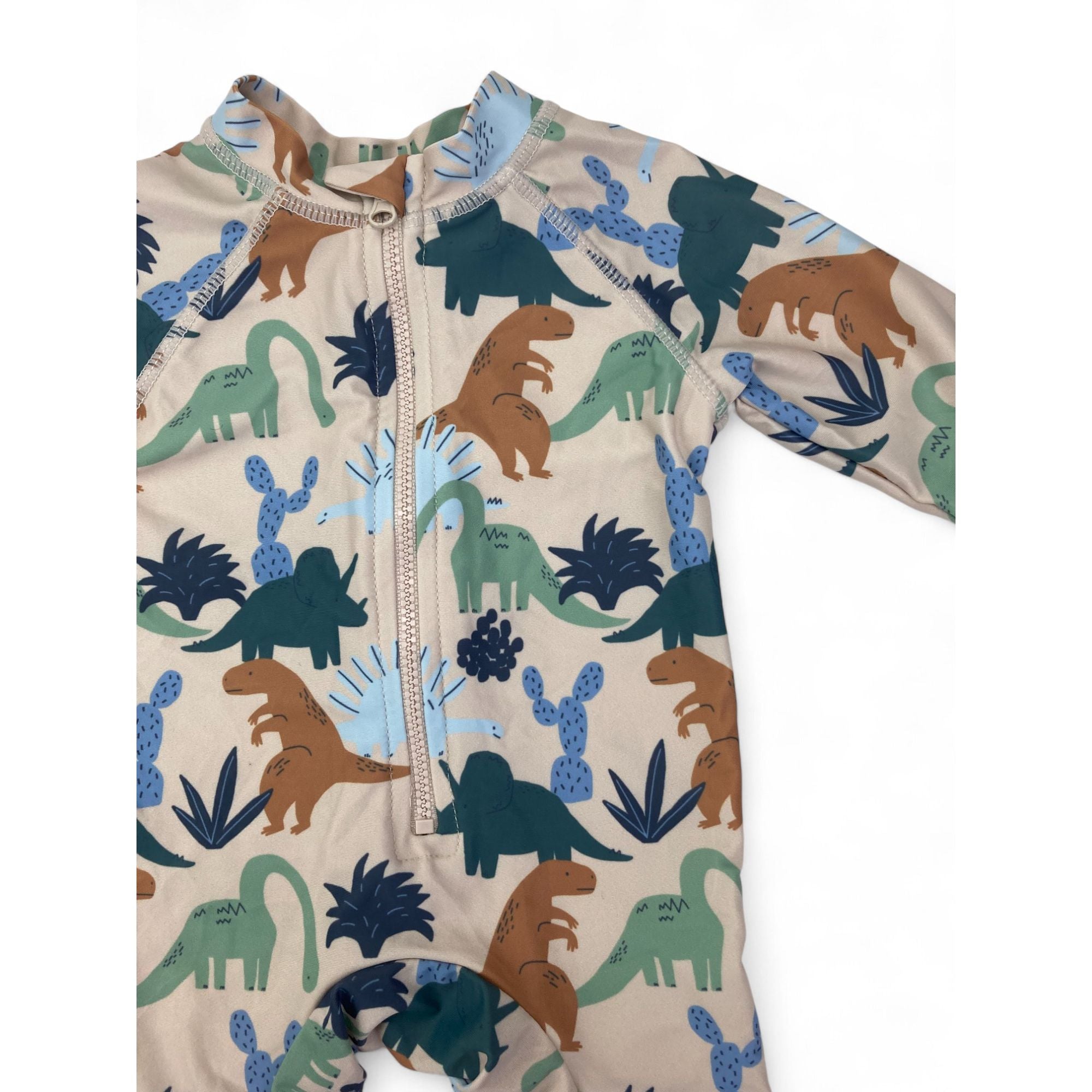 0-3M Beige Dinosaur Zip Swimsuit - Cotton On
