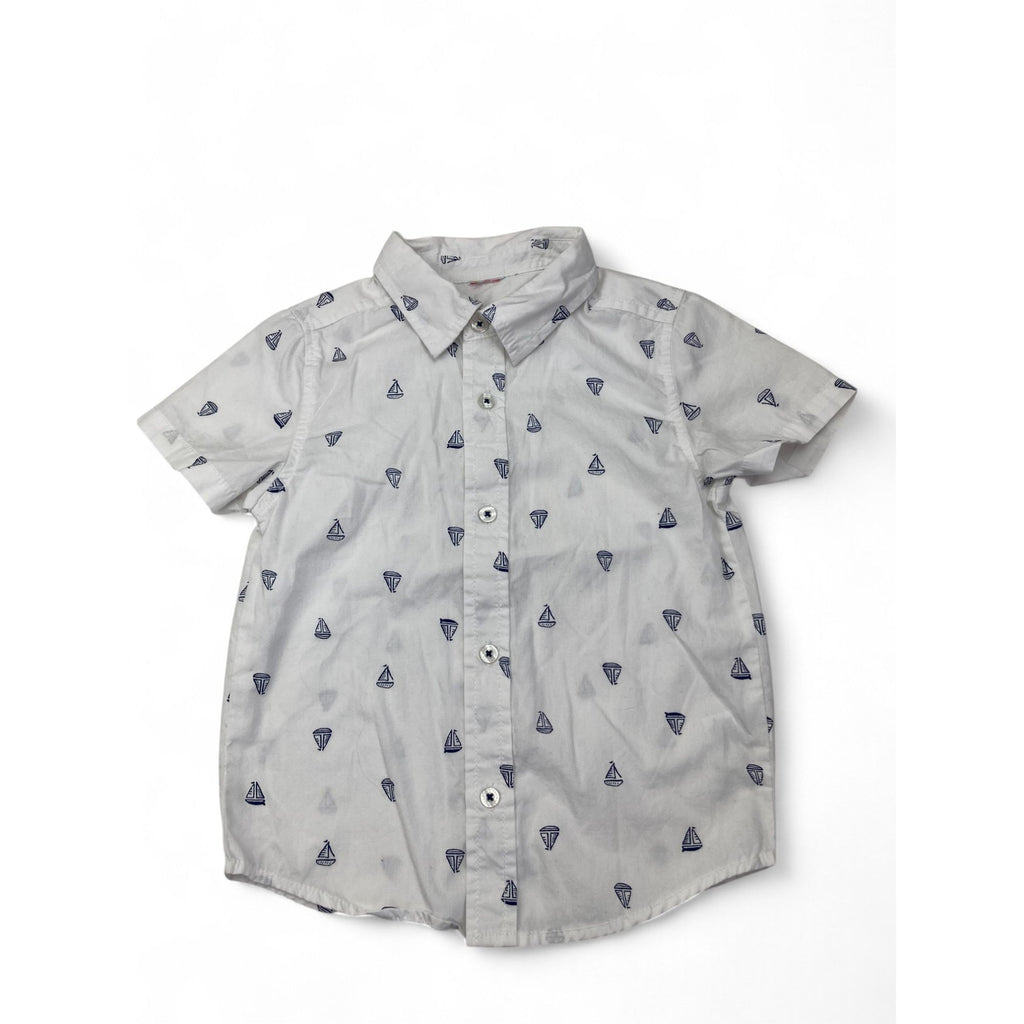 4Y White & Navy Yacht Summer Button Shirt - Healthex