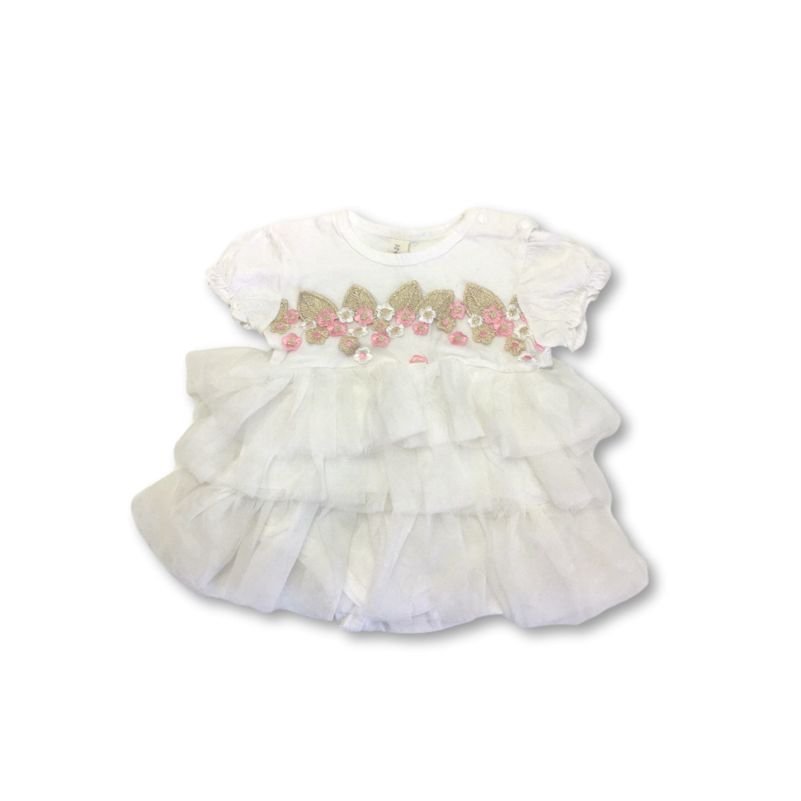 3-6M Cream Tulle Floral Applique Romper Dress - An.Bloo
