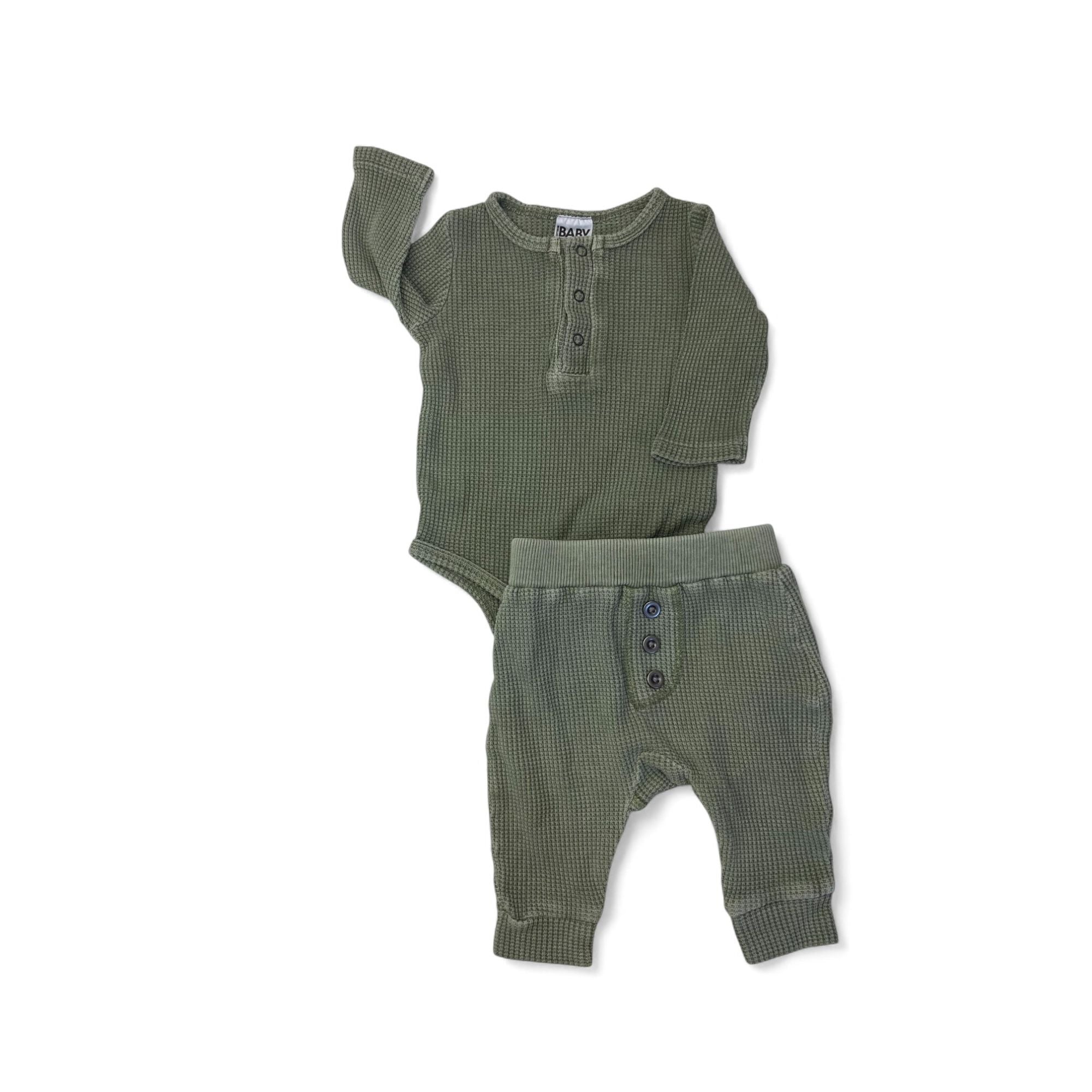 Newborn Sage Green Heathered Waffle Knit Bodysuit & Leggings - Cotton On