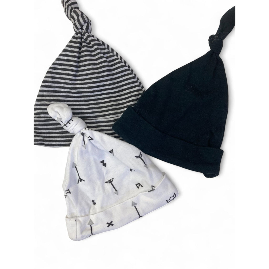 0-3M Grey, Black & White Knotted Set Of Three Beanies - Snuggletime