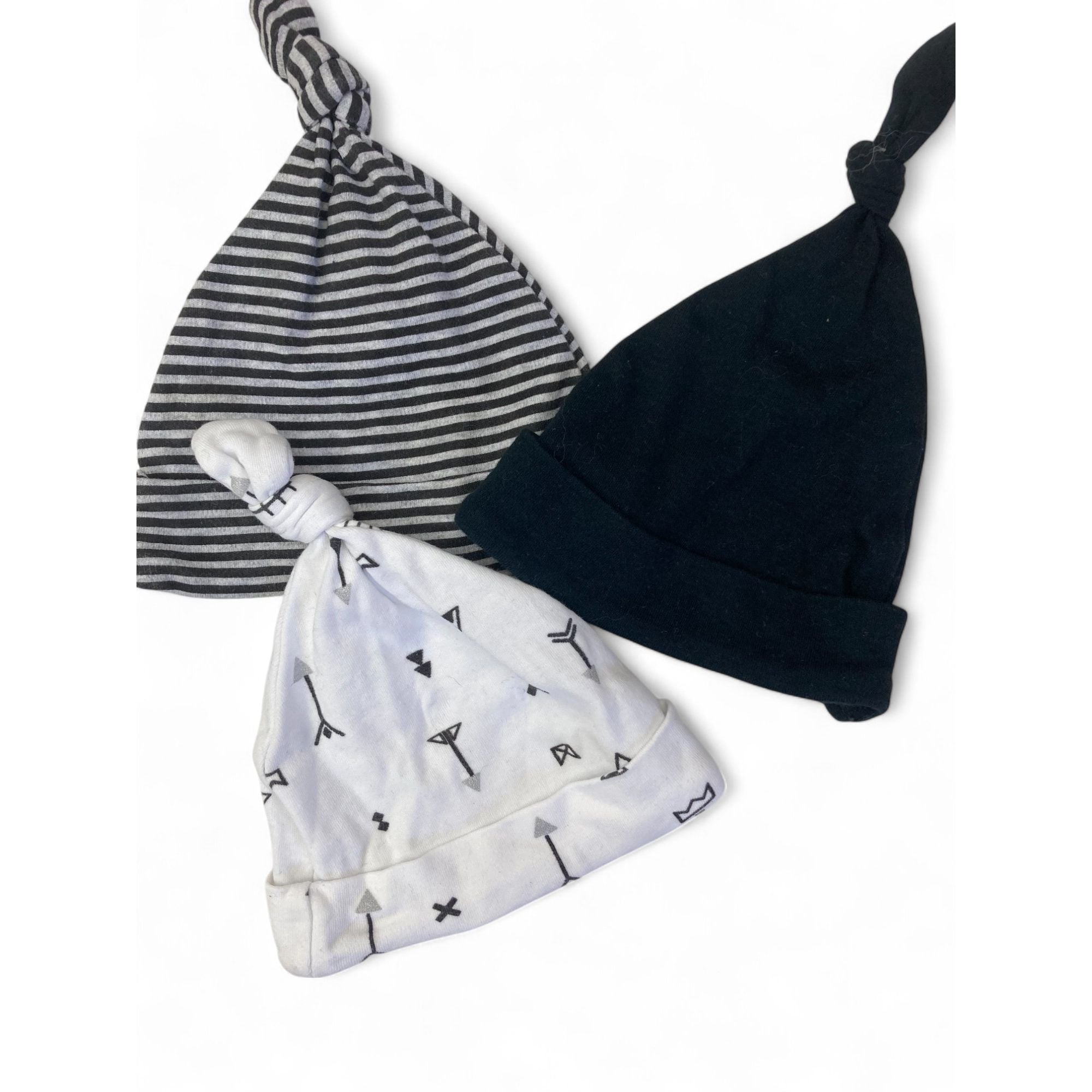0-3M Grey, Black & White Knotted Set Of Three Beanies - Snuggletime