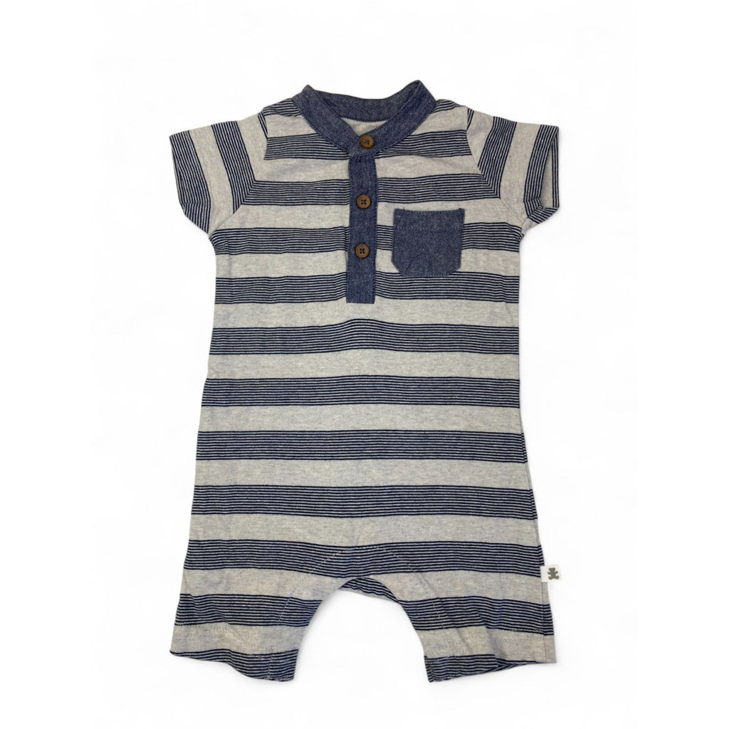 1-3M Grey & Blue Stripe Half Button Romper - Woolworths