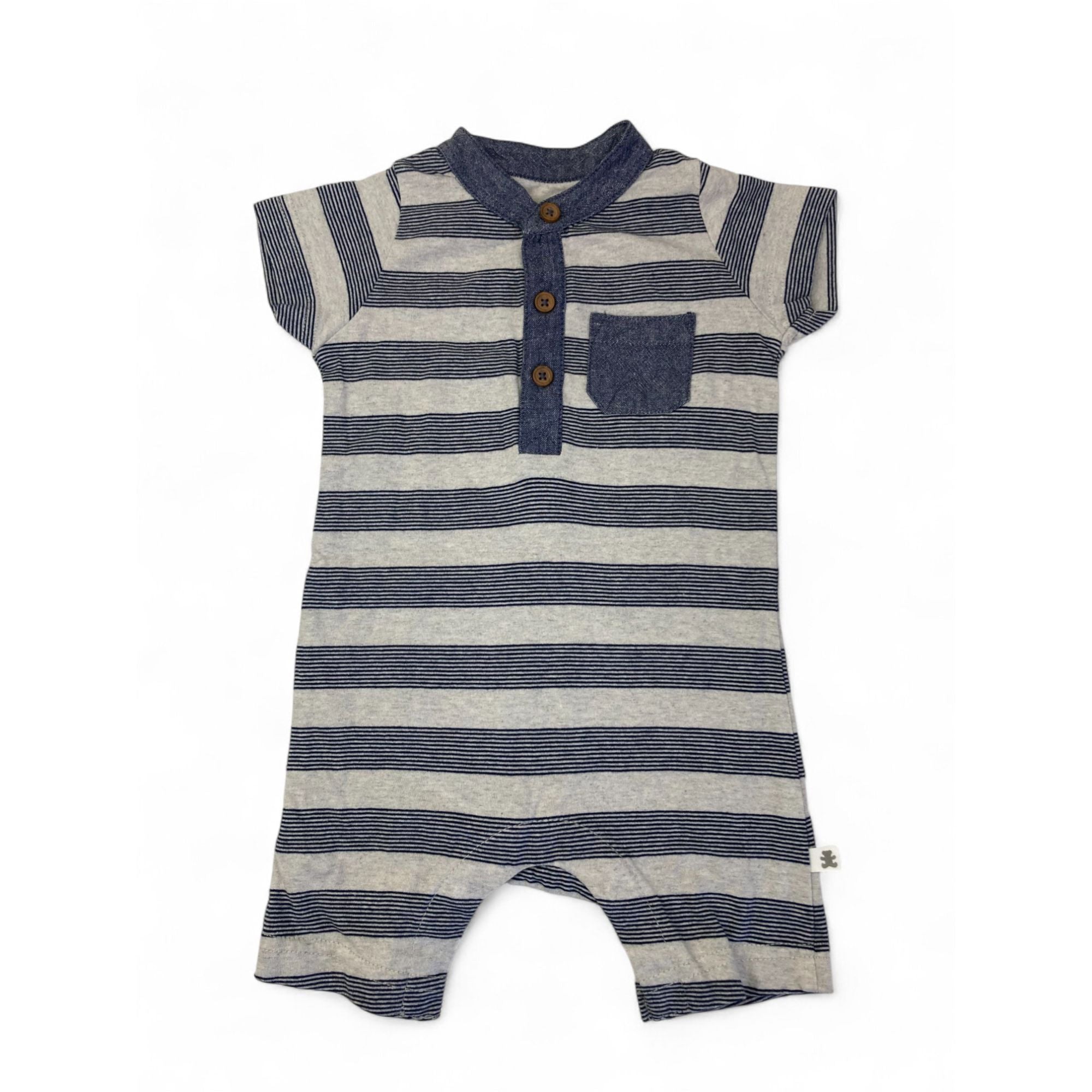 1-3M Grey & Blue Stripe Half Button Romper - Woolworths