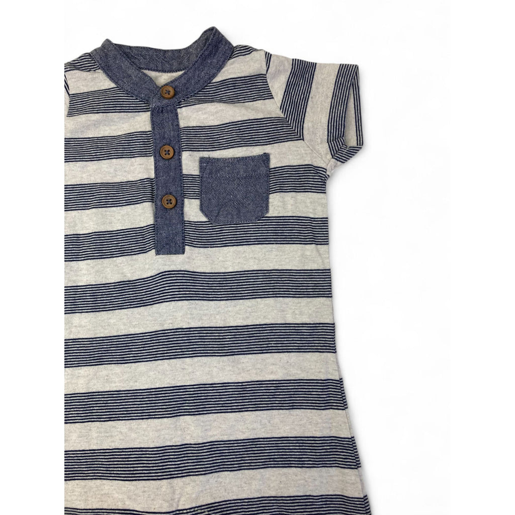 1-3M Grey & Blue Stripe Half Button Romper - Woolworths