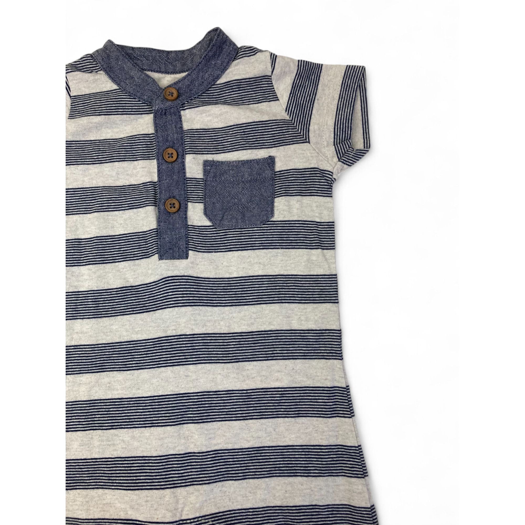 1-3M Grey & Blue Stripe Half Button Romper - Woolworths