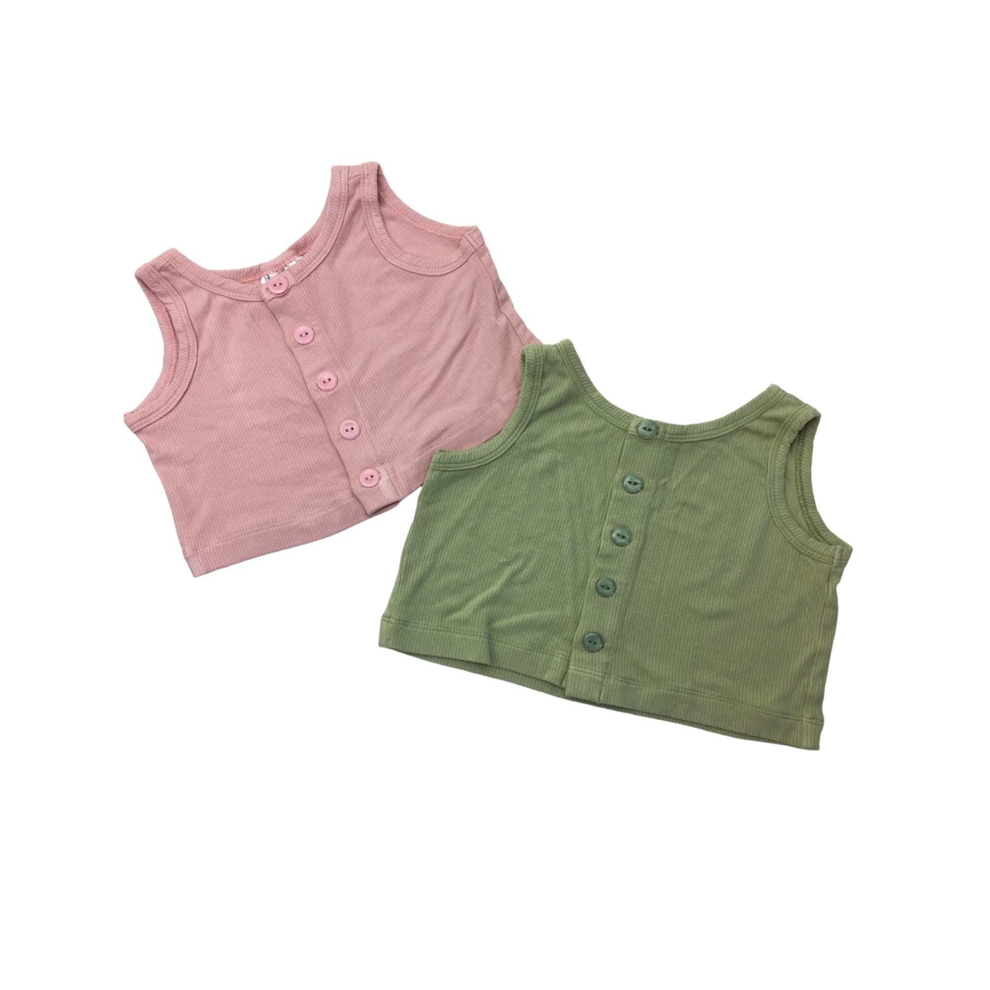 1-2Y Light Pink & Mint Green Ribbed Cropped Sleeveless Tops - Annapatat