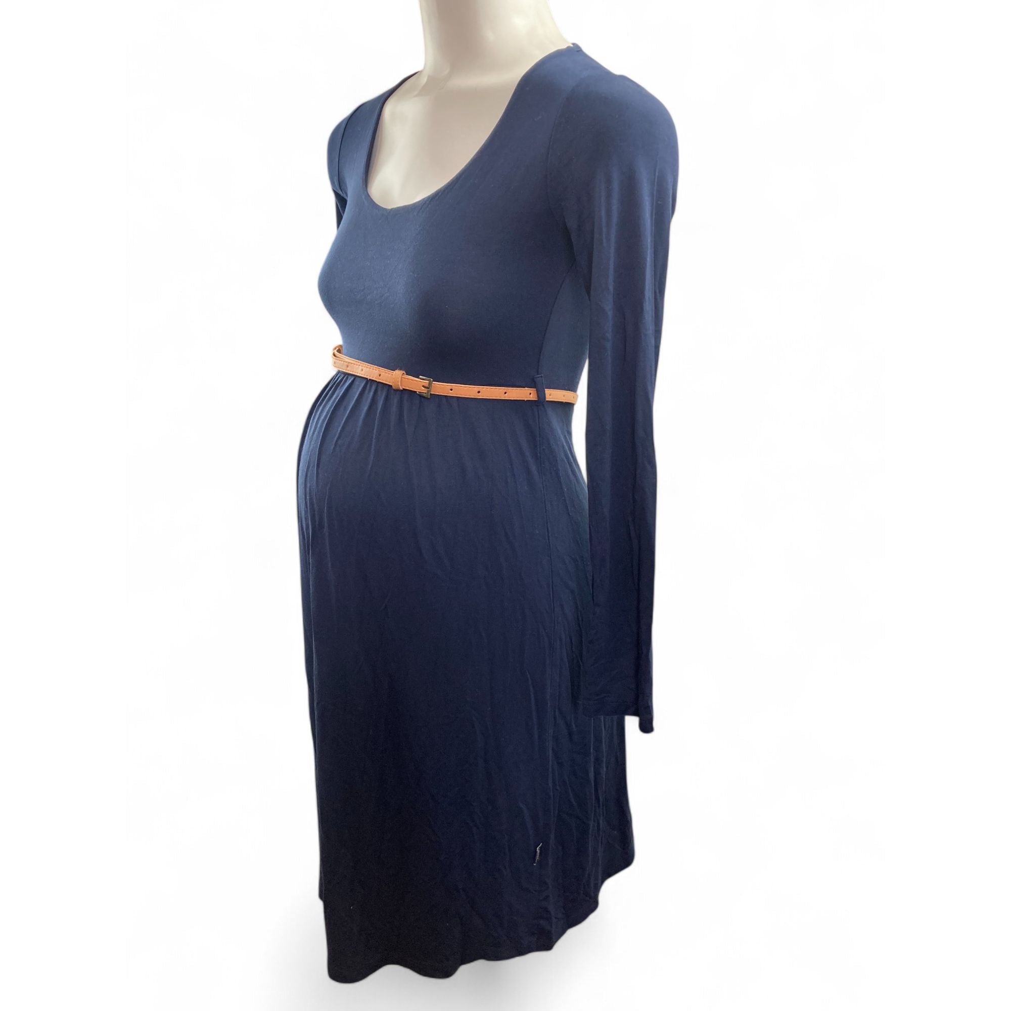 Small - Navy Blue Long Sleeve Babydoll Maternity Dress - Cherry Melon