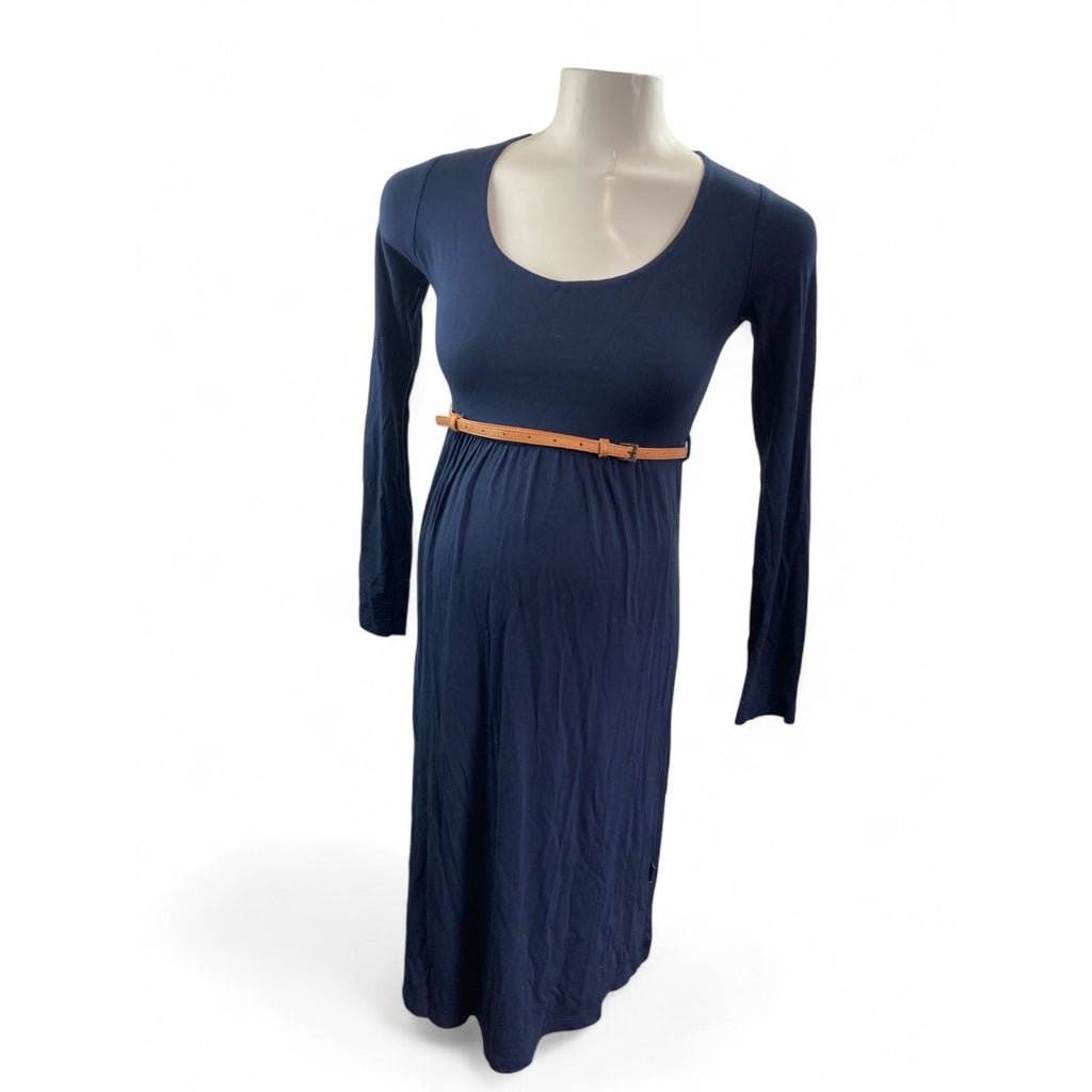 Small - Navy Blue Long Sleeve Babydoll Maternity Dress - Cherry Melon