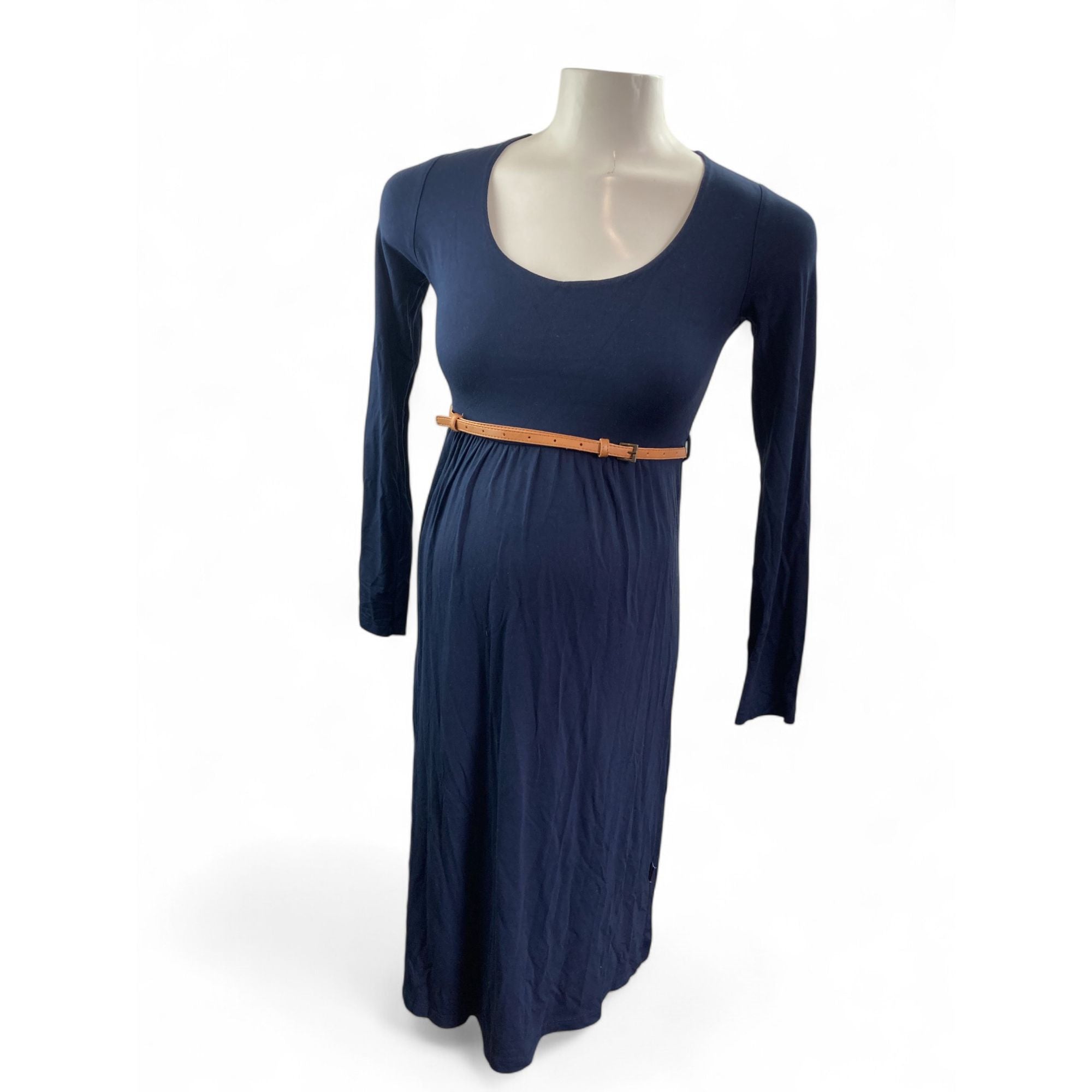 Small - Navy Blue Long Sleeve Babydoll Maternity Dress - Cherry Melon