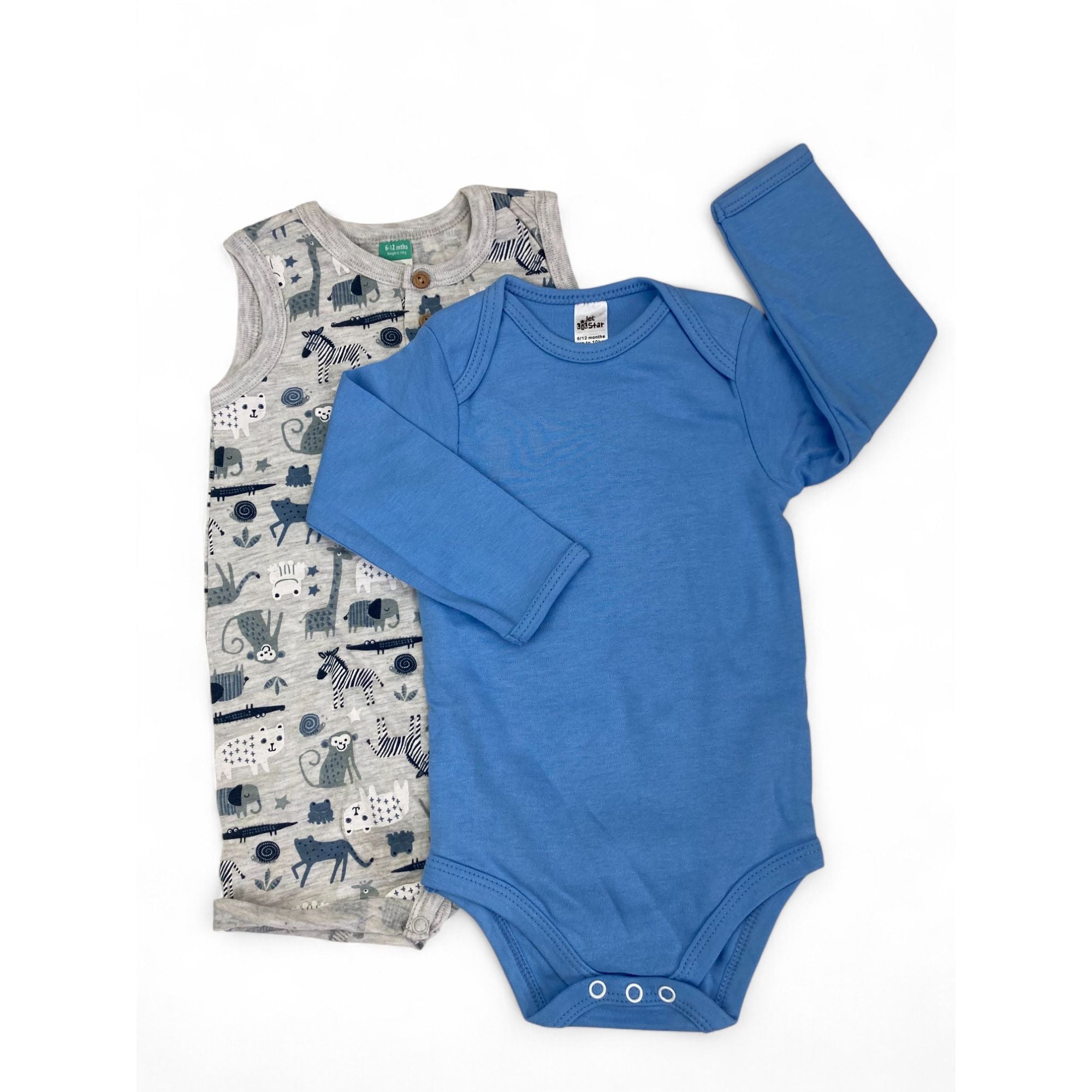6-12M Blue Bodysuit & Grey Sleeveless Animal Romper - Ackermans, Jet