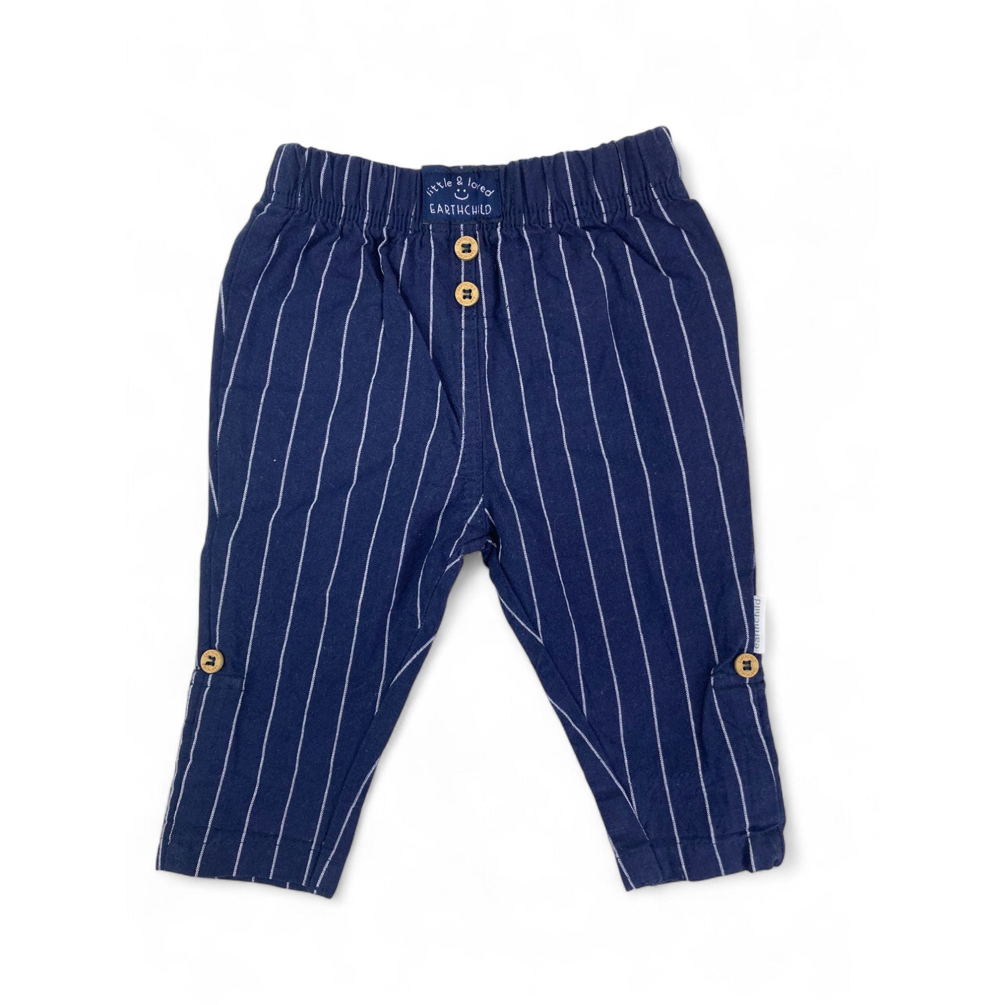 0-3M Navy Blue & White Stripe Adjustable Hem Pants - Earthchild