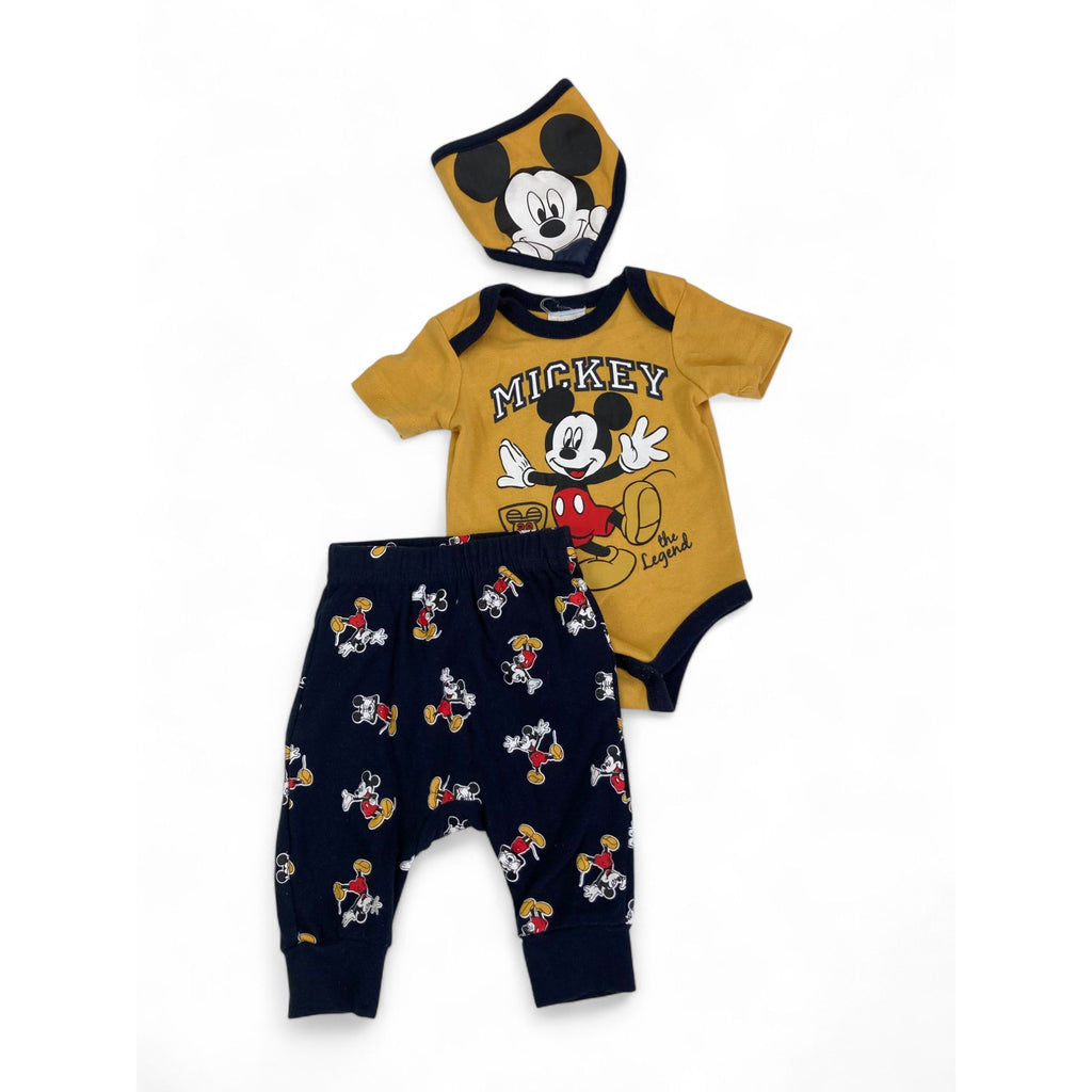 0-3M Mustard Yellow & Navy Blue Mickey Bodysuit, Leggings & Bib - Disney