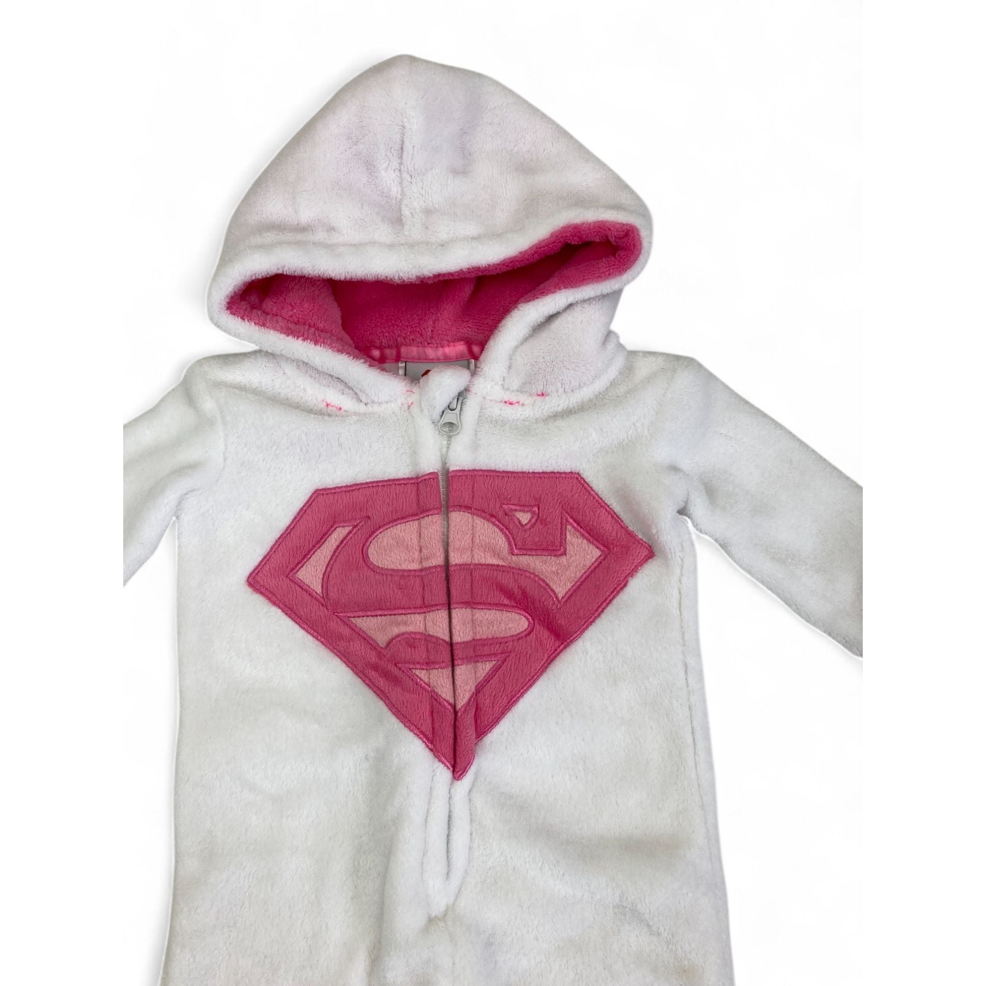 0-3M White & Pink Supergirl Fleece Zip Onesie - Real