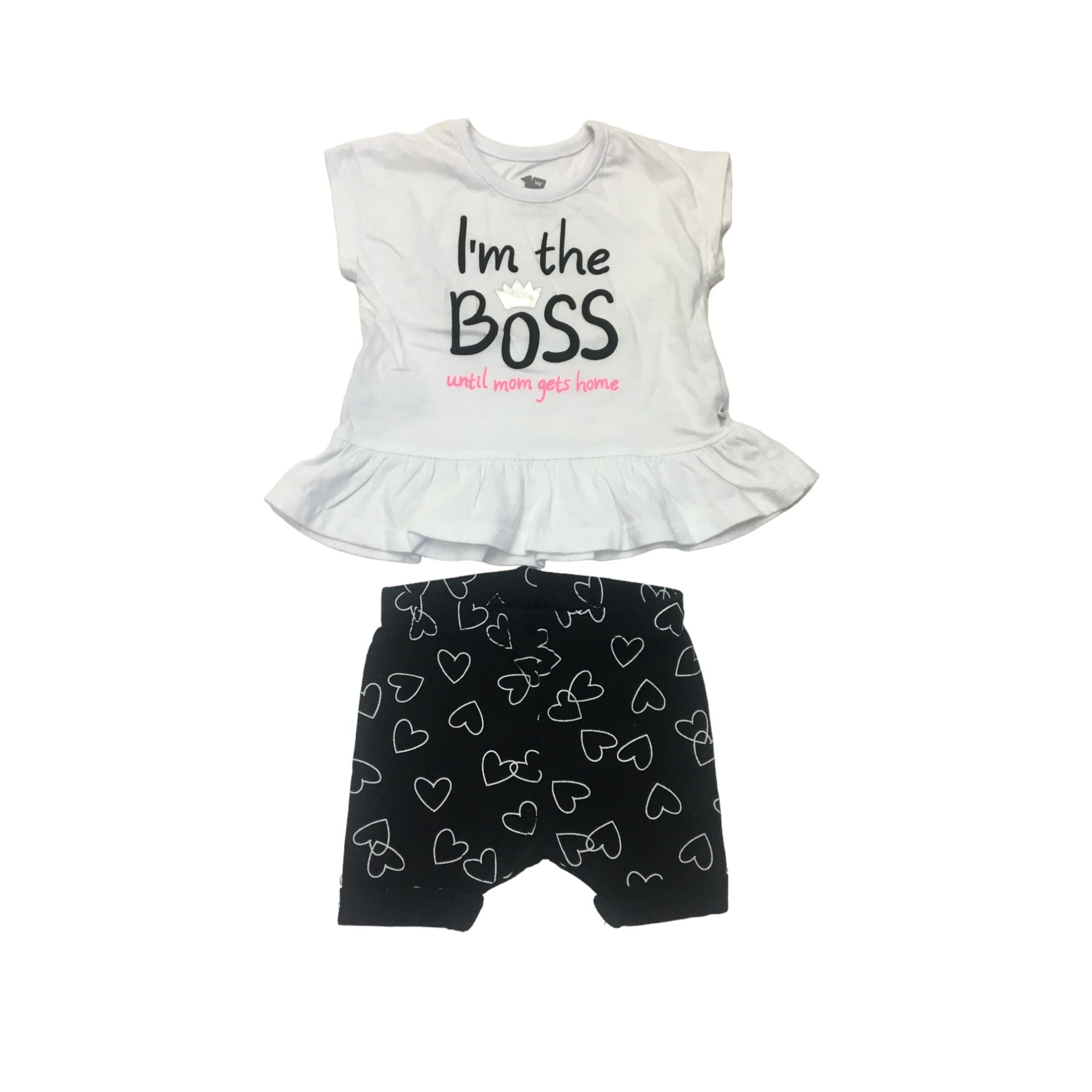1-3M White Peplum "I'm The Boss" Top & Black Heart Shorts - Woolworths