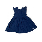 18-24M Navy Blue Ruffled Sleeve Tie Back Cotton Dress - Kinco Kids
