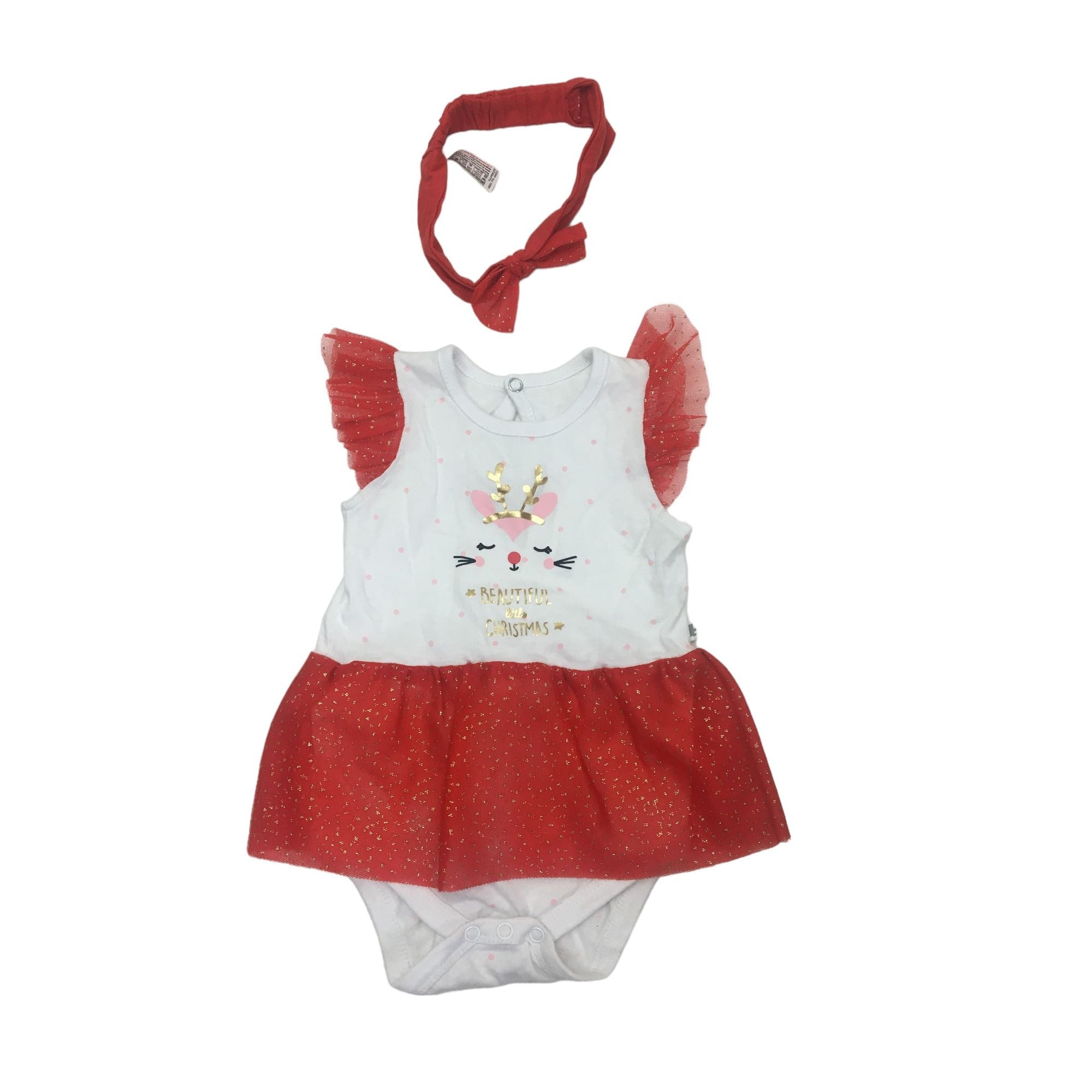 3-6M White & Red Glitter Tulle "Beautiful Little Christmas" Romper Dress & Headband - Woolworths