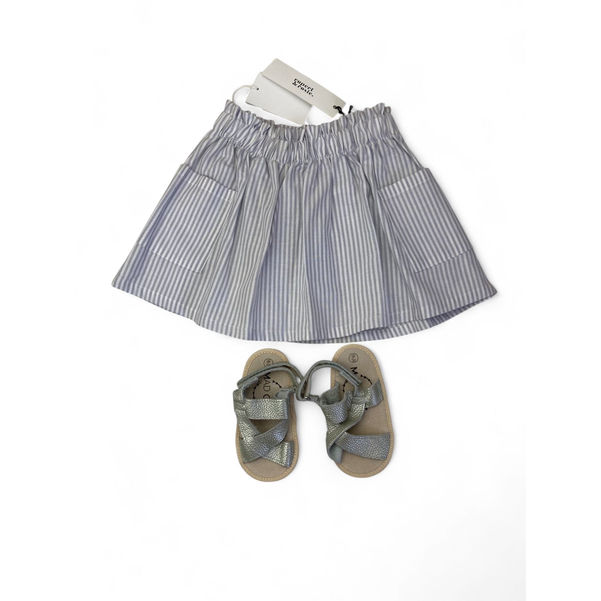 12-24M Light Blue Stripe Amelia Skirt & Silver Leather Sandals - Rupert & Rosie