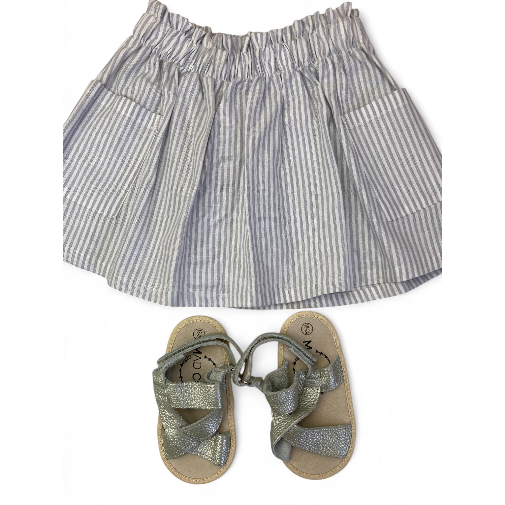 12-24M Light Blue Stripe Amelia Skirt & Silver Leather Sandals - Rupert & Rosie