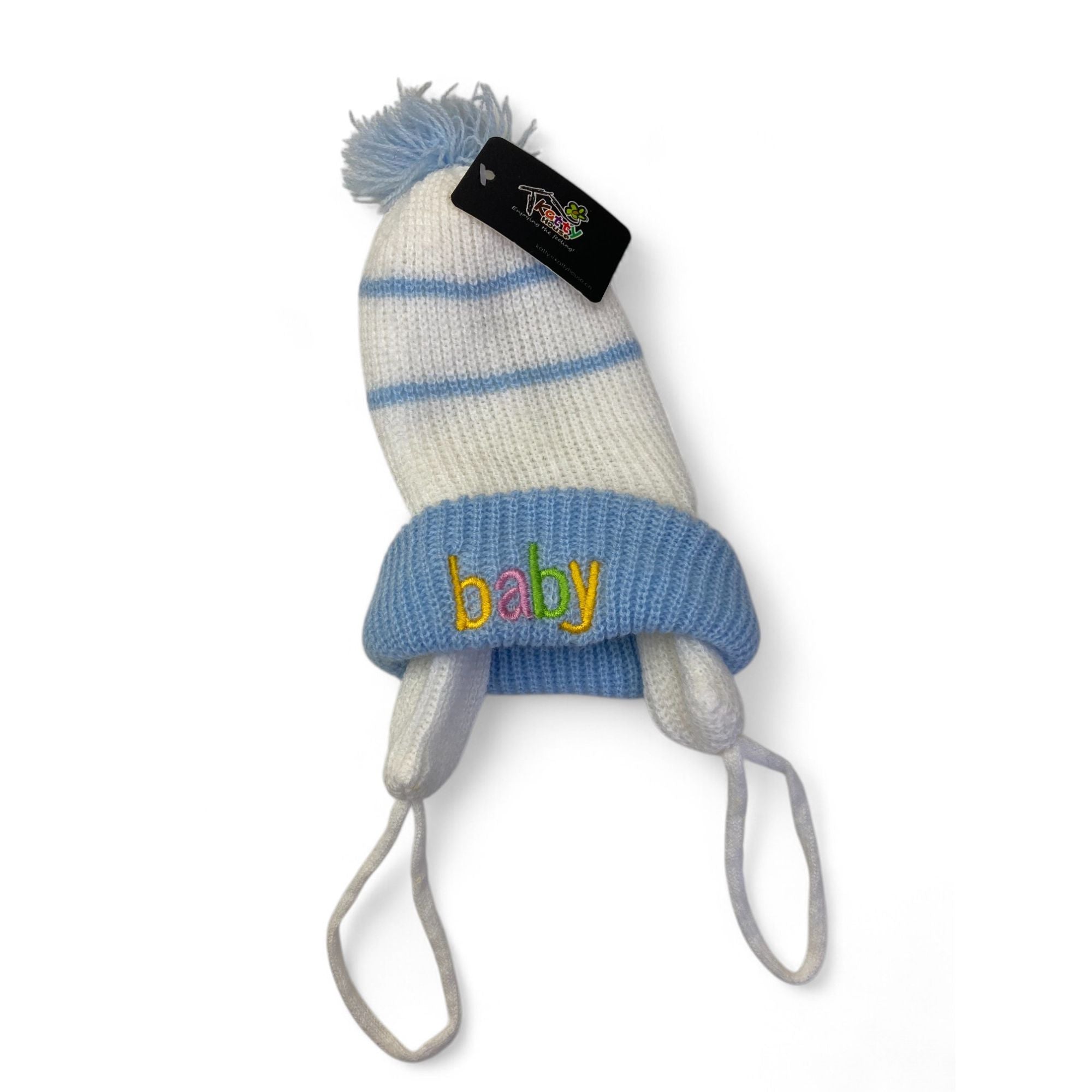 NB White & Light Blue Knit Pompom Beanie