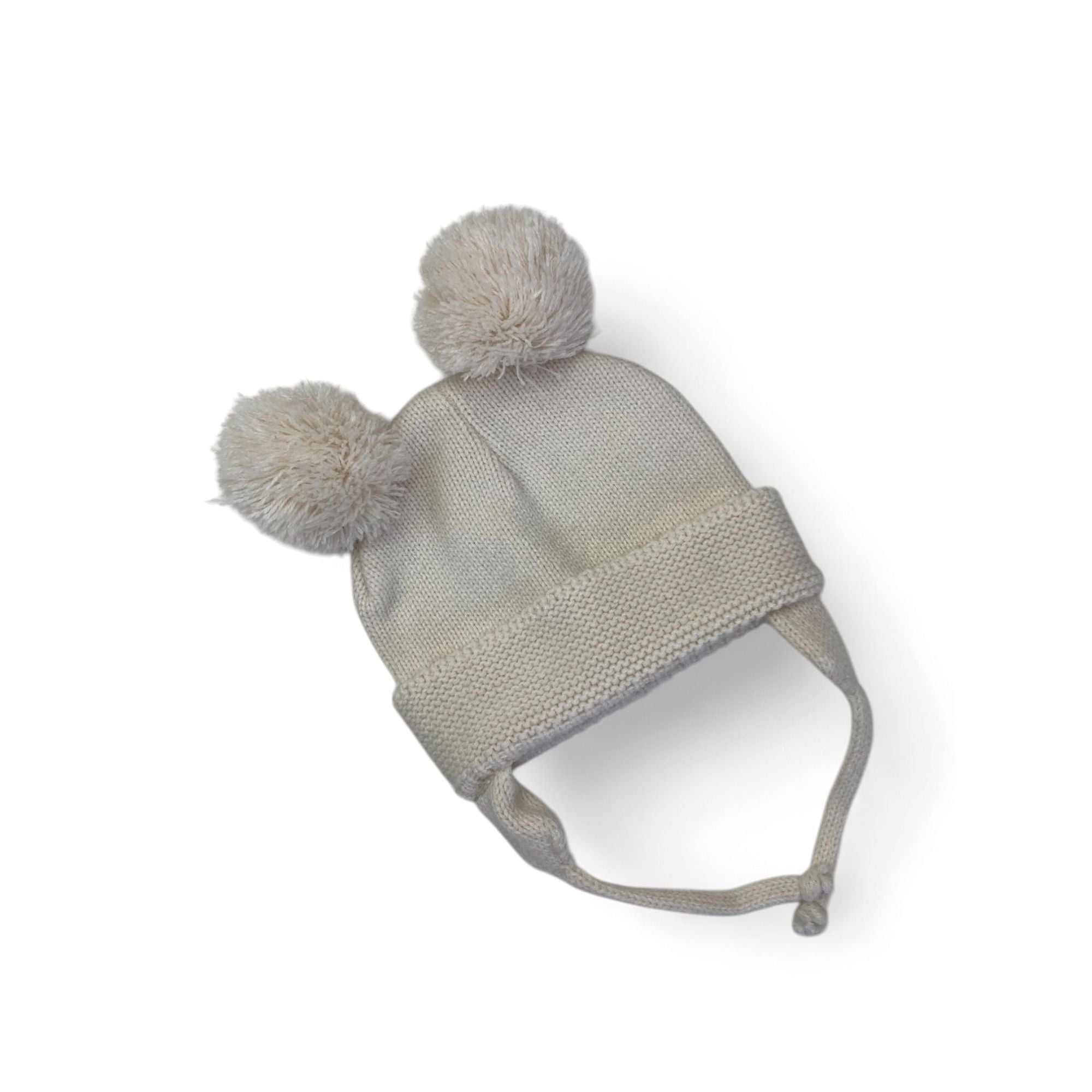 0-6M Cream Knit Double Pompom Knit Trapper Beanie - Ackermans